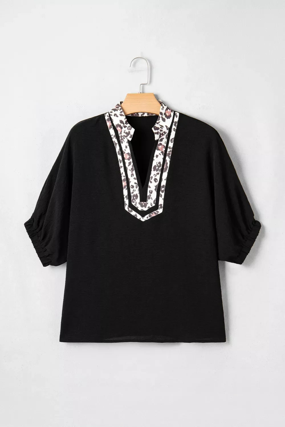 Leopard Accent Notched Neck Plus Size Short Sleeve Top