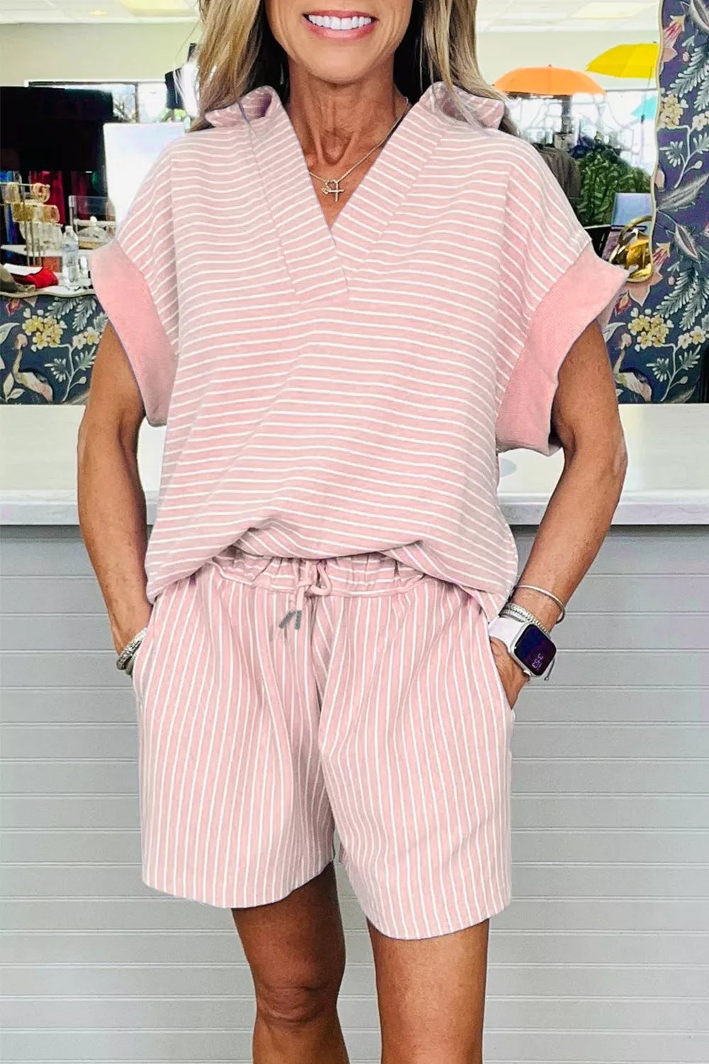Stripe Dolman Sleeve Polo Shirt and Drawstring Shorts Set product image 5