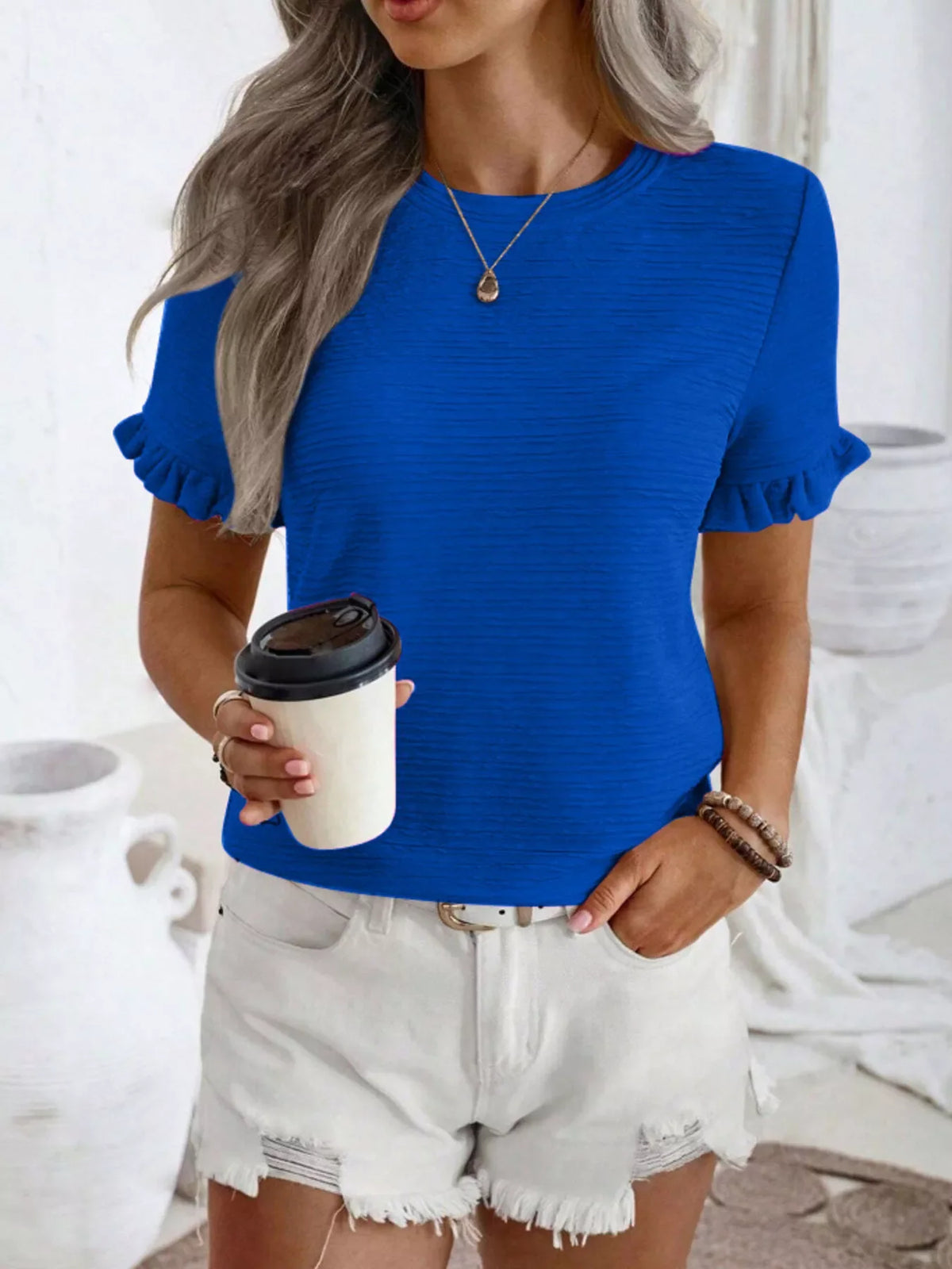 Textured Ruffle Sleeve Round Neck T-Shirt product image 11
