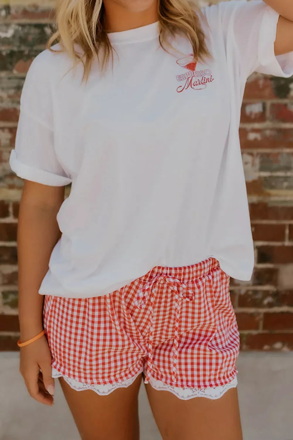 Gingham Plaid Tie Elastic Waist Lace Patchwork Hem Casual product image 4