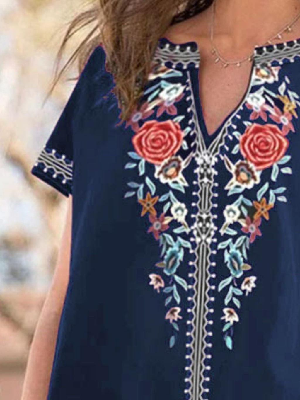Full Size Floral Notched Short Sleeve Blouse