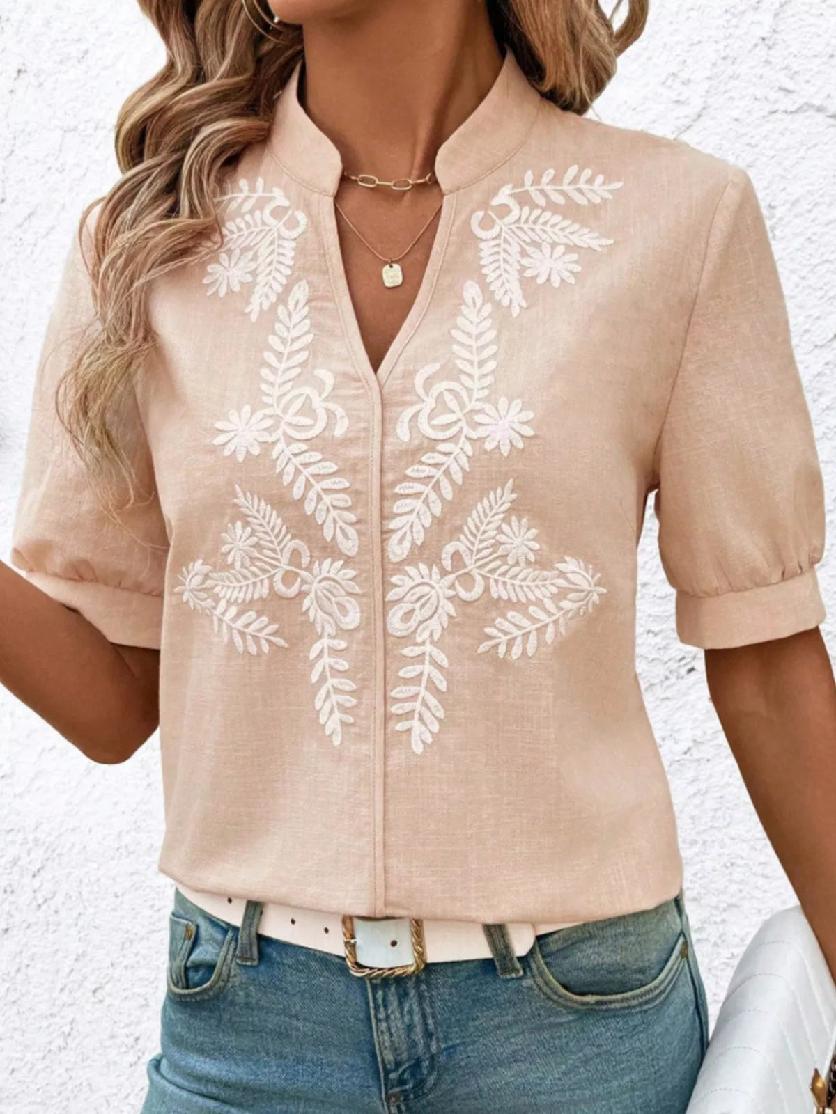 Embroidered Notched Short Sleeve Blouse