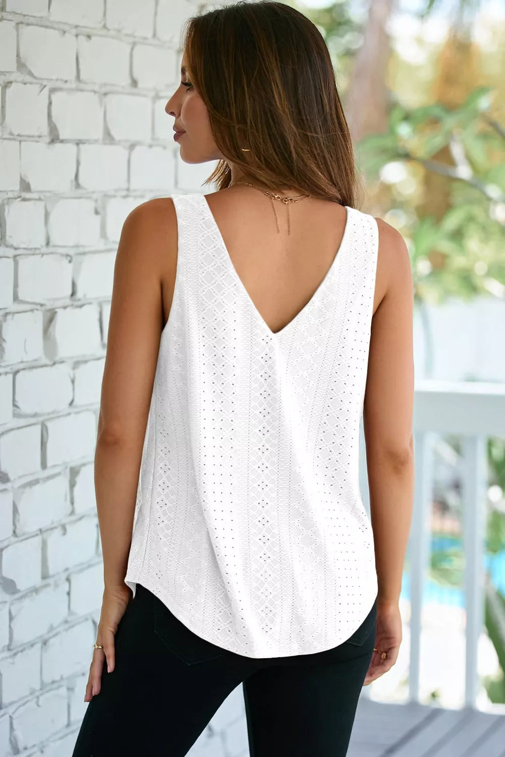 Eyelet Knit Patterned Loose V Neck Tank Top