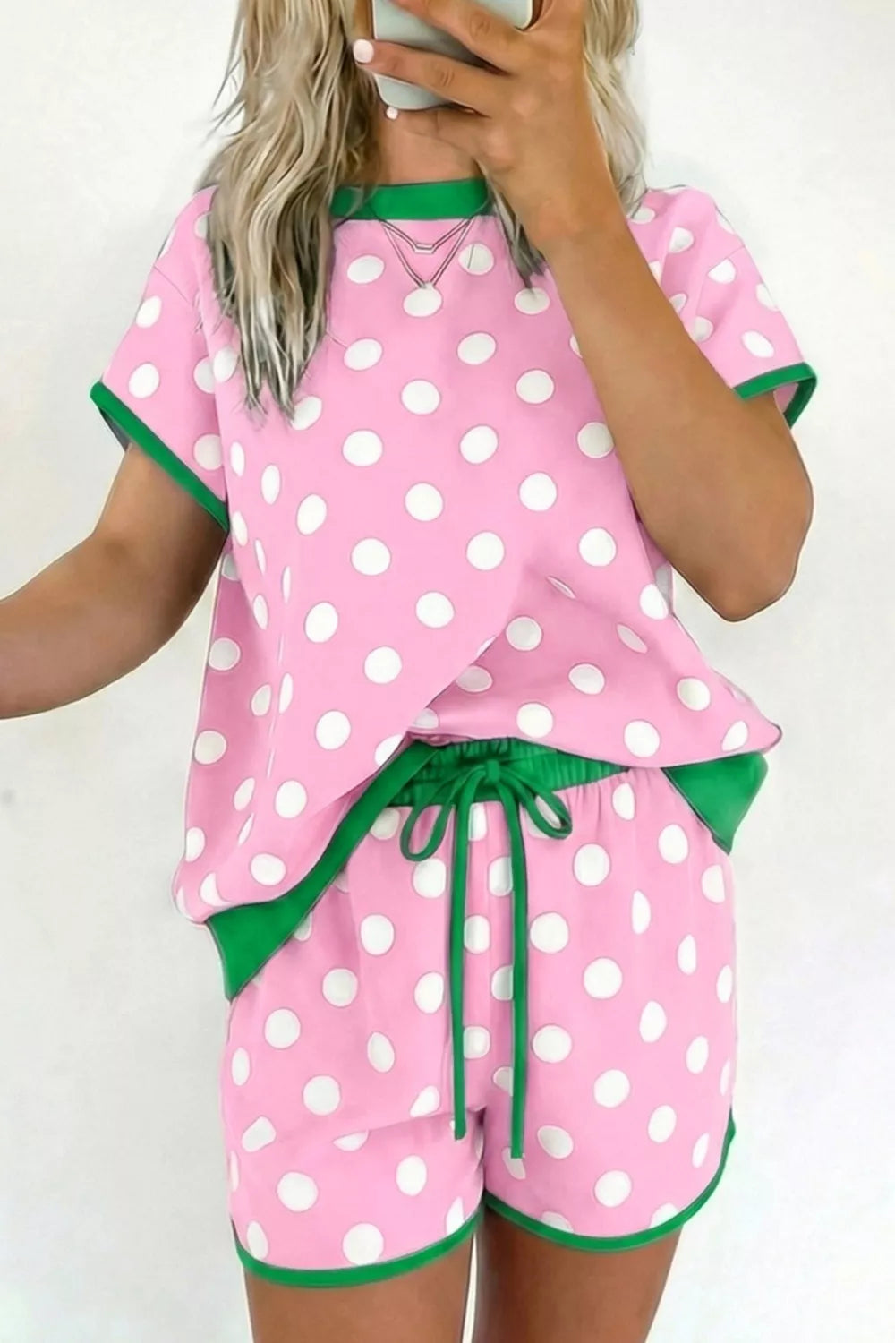 Polka Dot Contrast Trim Top and Drawstring Shorts Set product image 10
