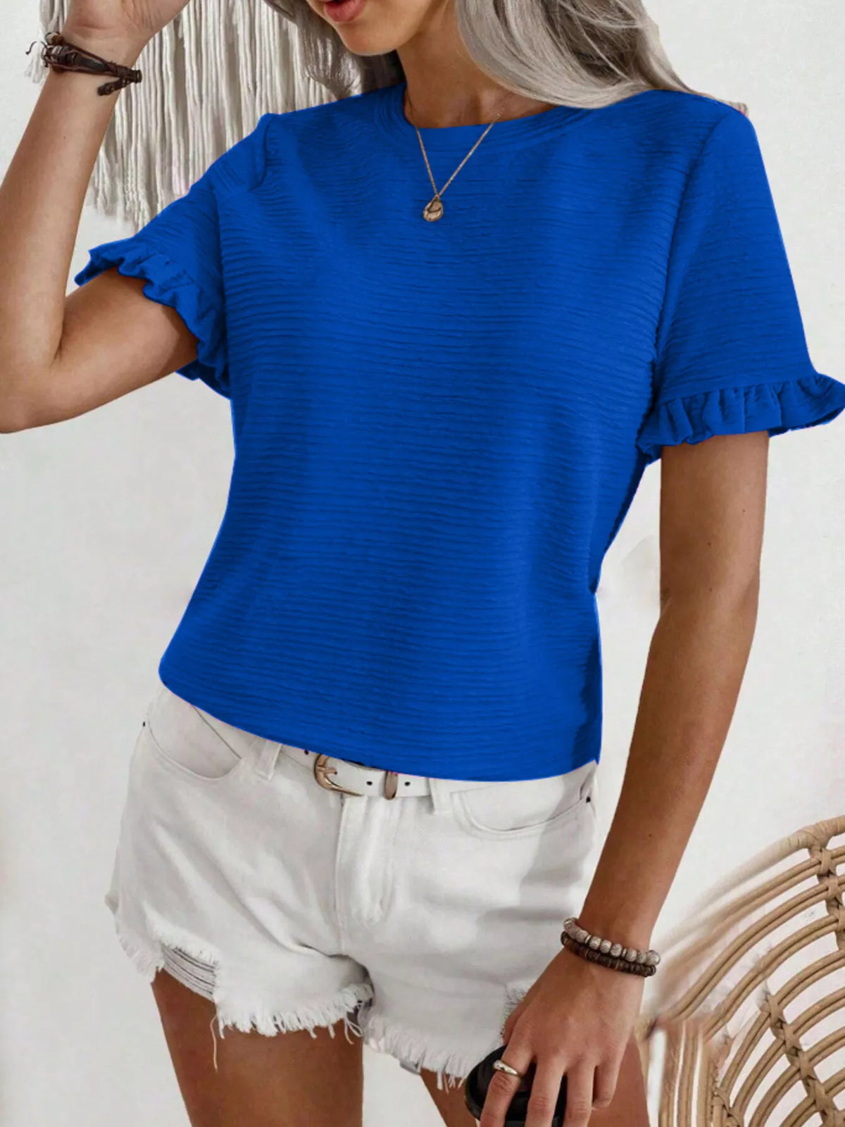 Textured Ruffle Sleeve Round Neck T-Shirt product image 14