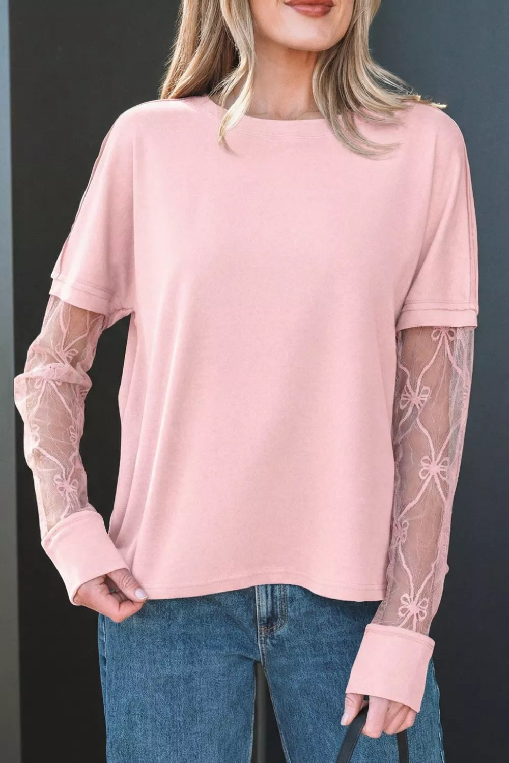 Solid Color Bow Textured Patchwork Long Sleeve Tee product image 3