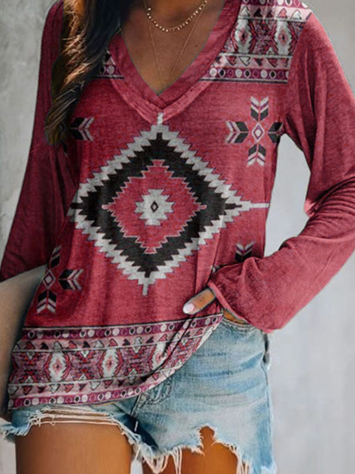 Full Size Geometric V-Neck Long Sleeve T-Shirt product image 8