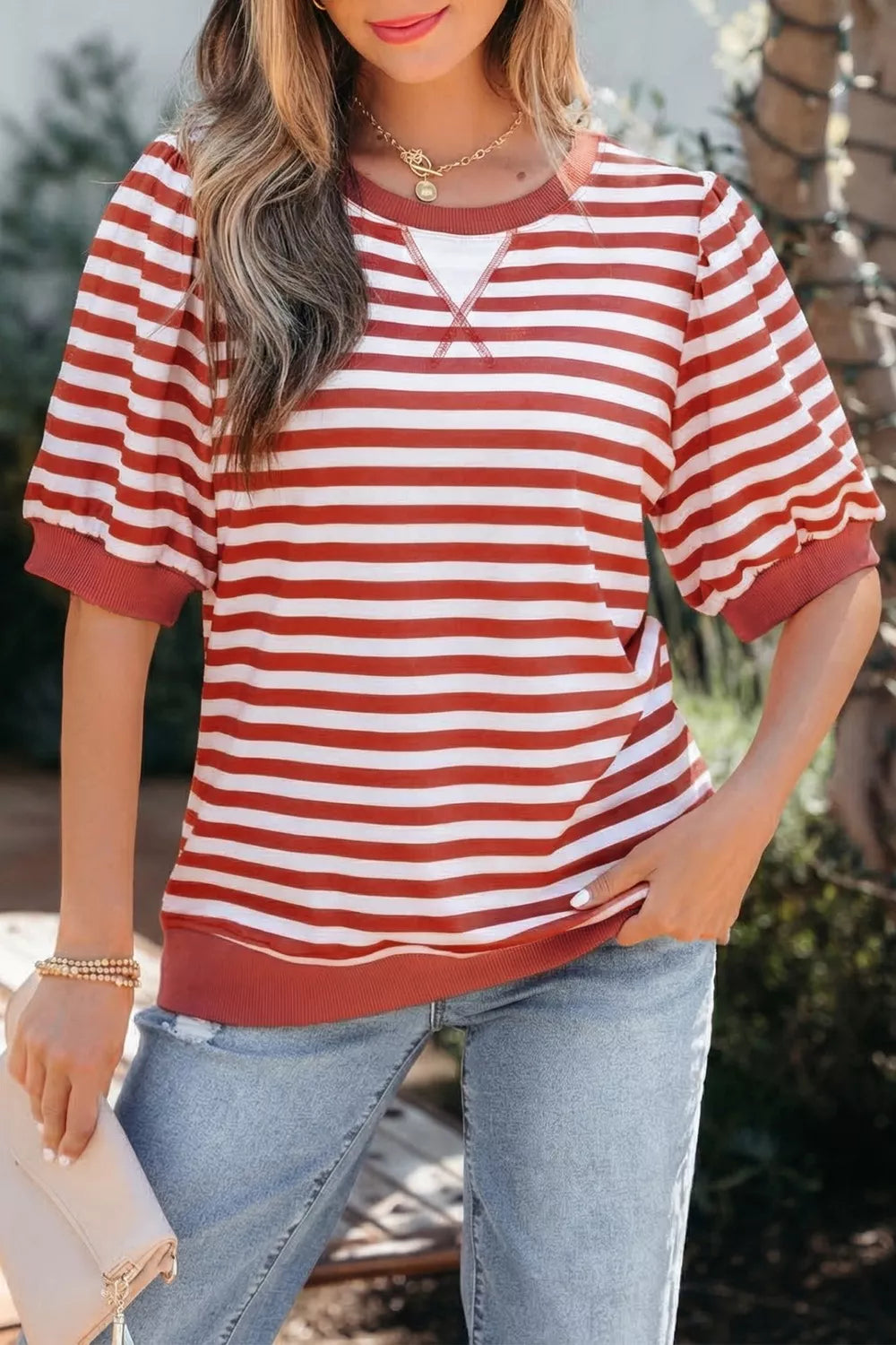 Striped Puff Sleeve Casual T-Shirt product image 2
