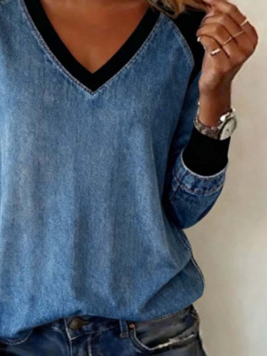 Full Size Patchwork V-Neck Long Sleeve Blouse