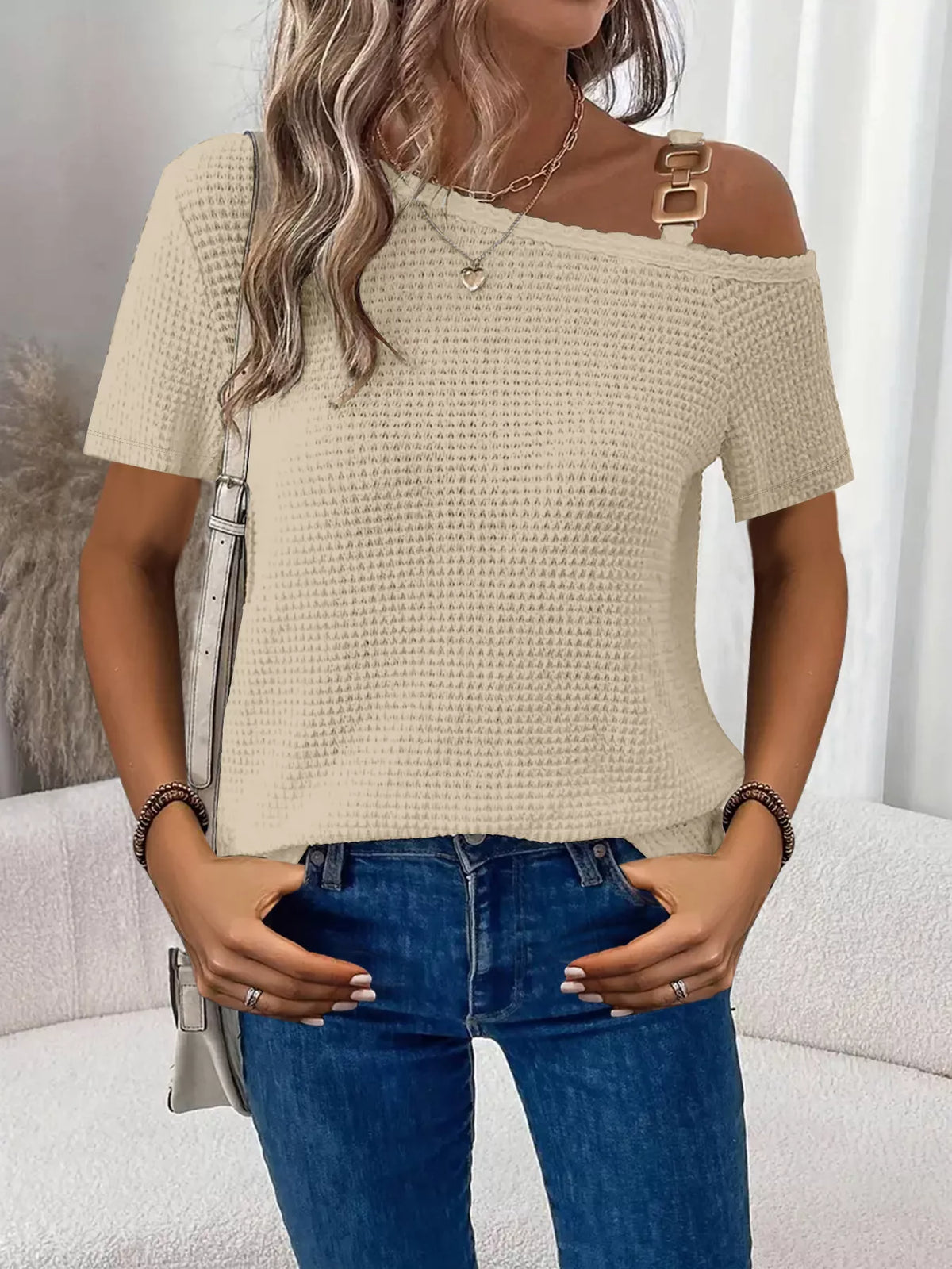 One-Shoulder Chain Detail Waffle Knit T-Shirt product image 2