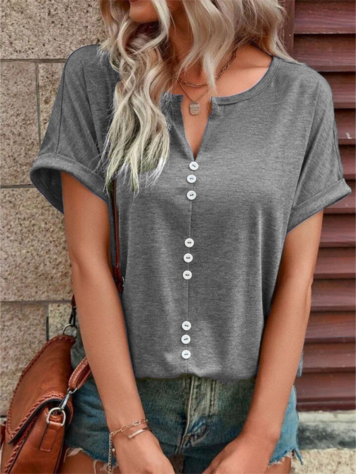 Full Size Decor Button Short Sleeve T-Shirt product image 12