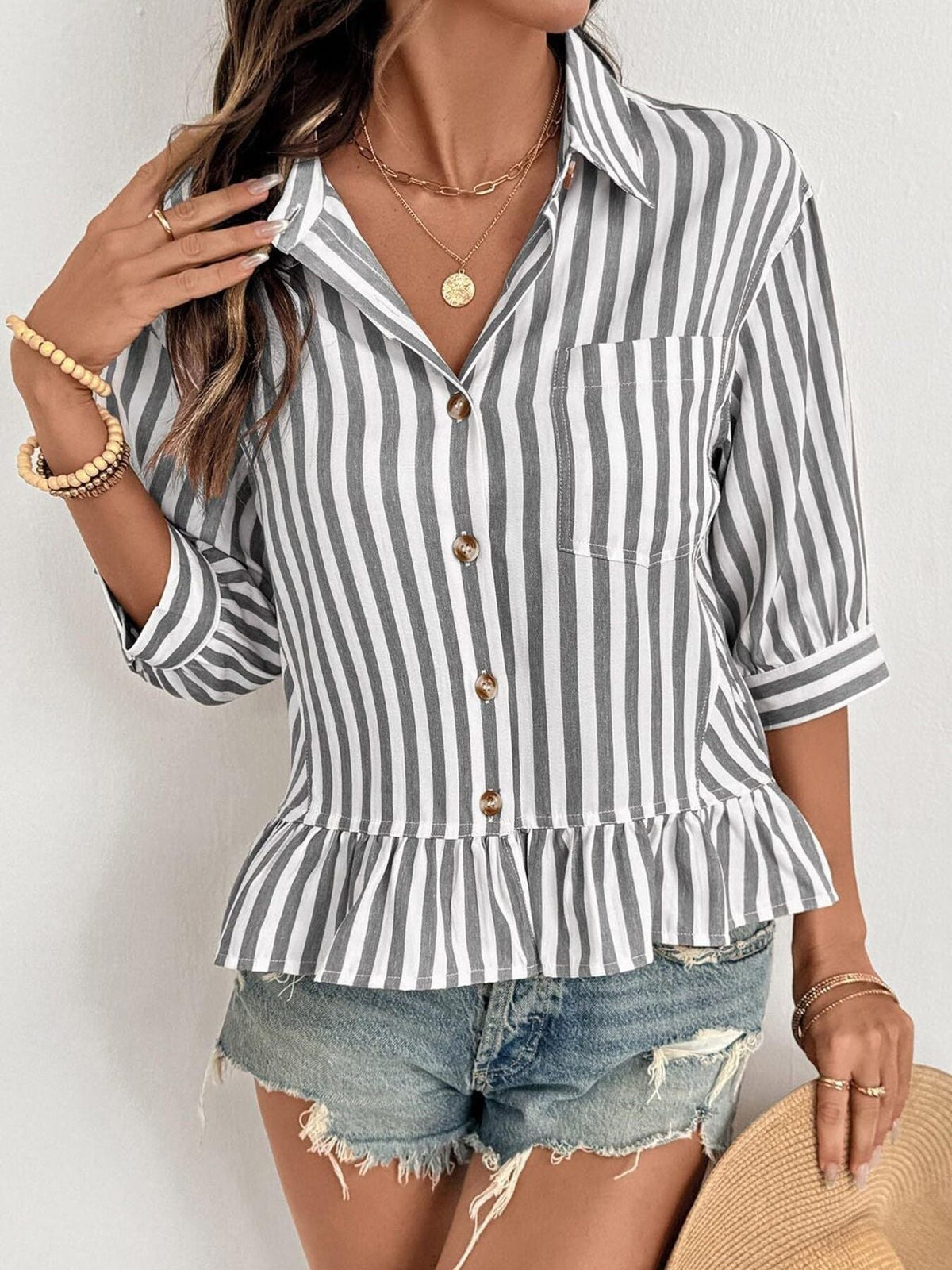 Striped Ruffle Hem Button-Down Shirt product image 12