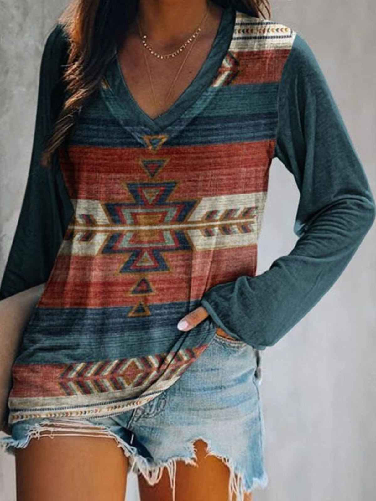 Full Size Geometric V-Neck Long Sleeve T-Shirt product image 13
