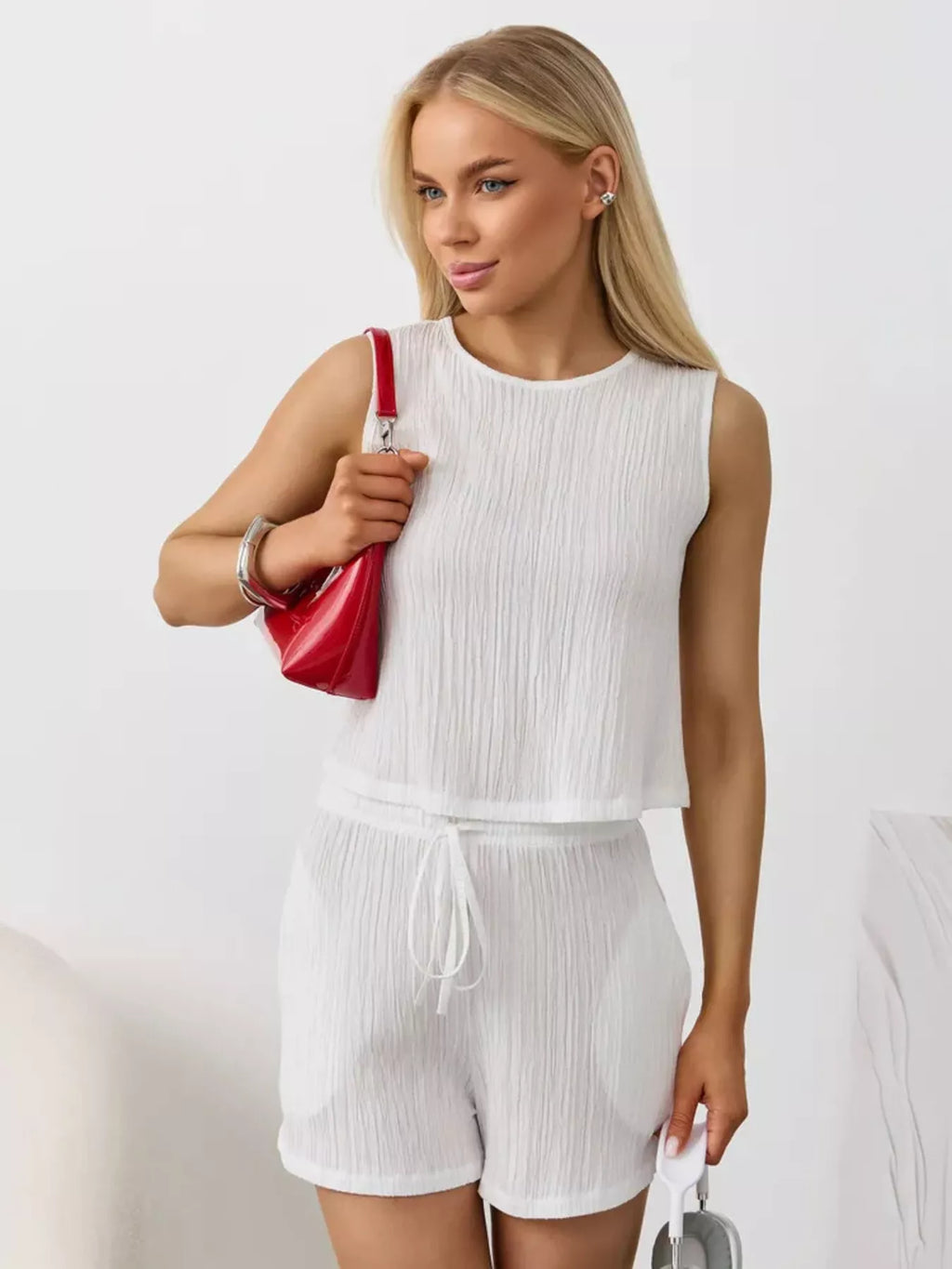 Textured Round Neck Tank and Shorts Set product image 3