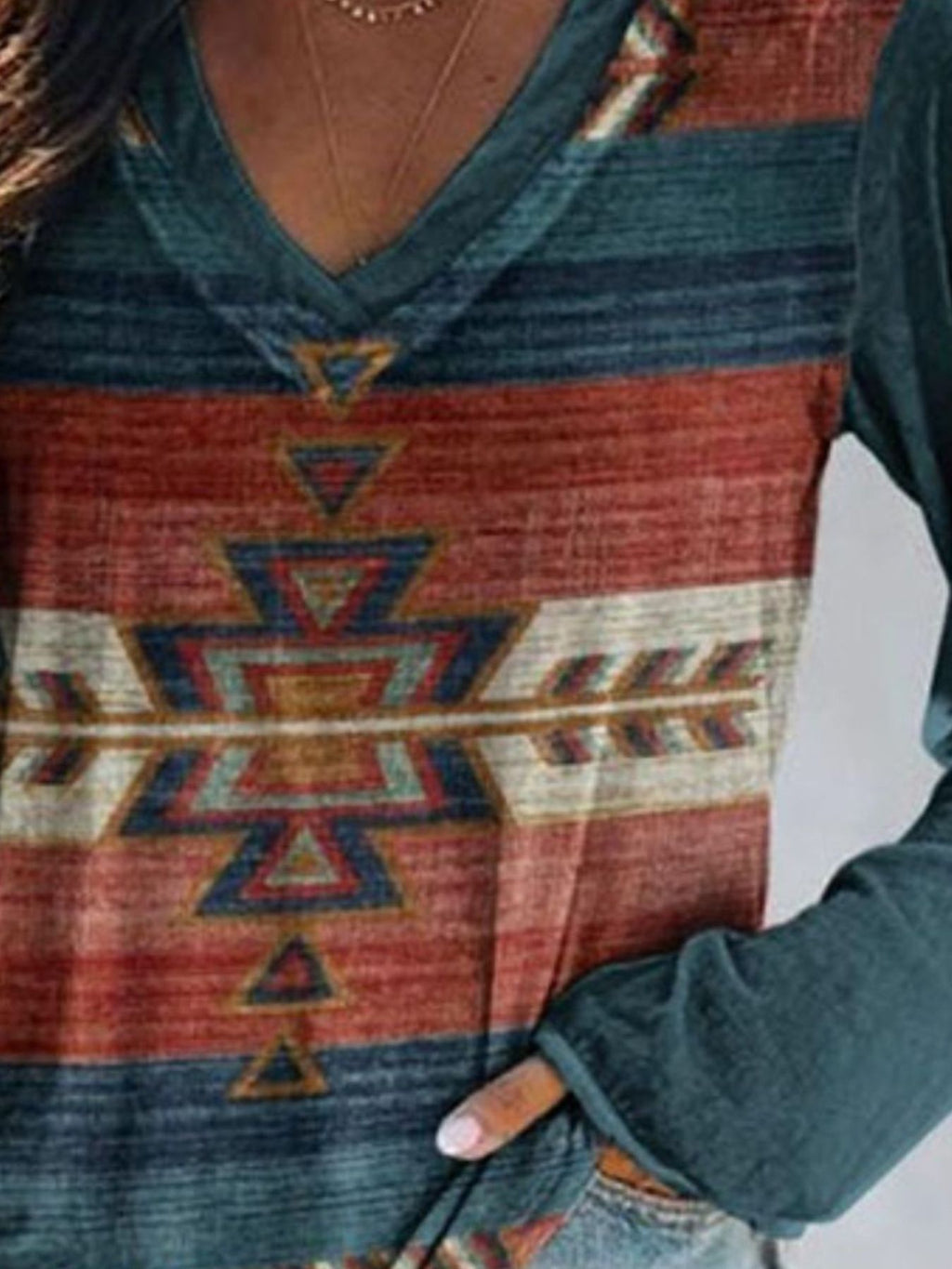 Full Size Geometric V-Neck Long Sleeve T-Shirt product image 15