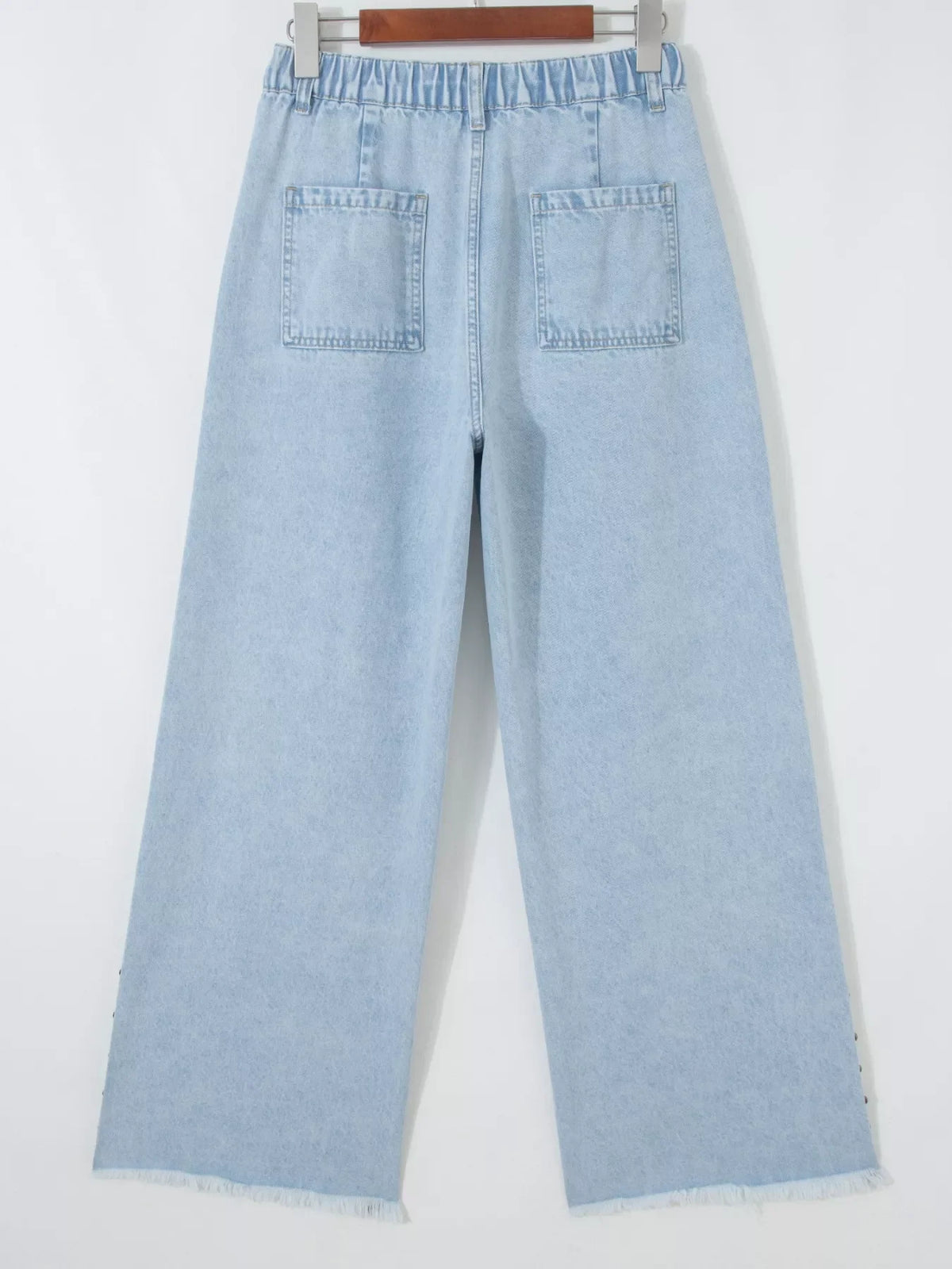 Studded Side Slit Leg Frayed Pocketed Wide Leg Jeans