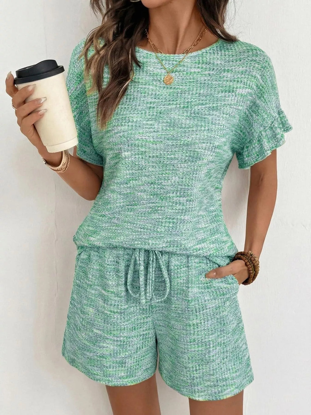 Ruffle Sleeve Textured Top and Shorts Set product image 14