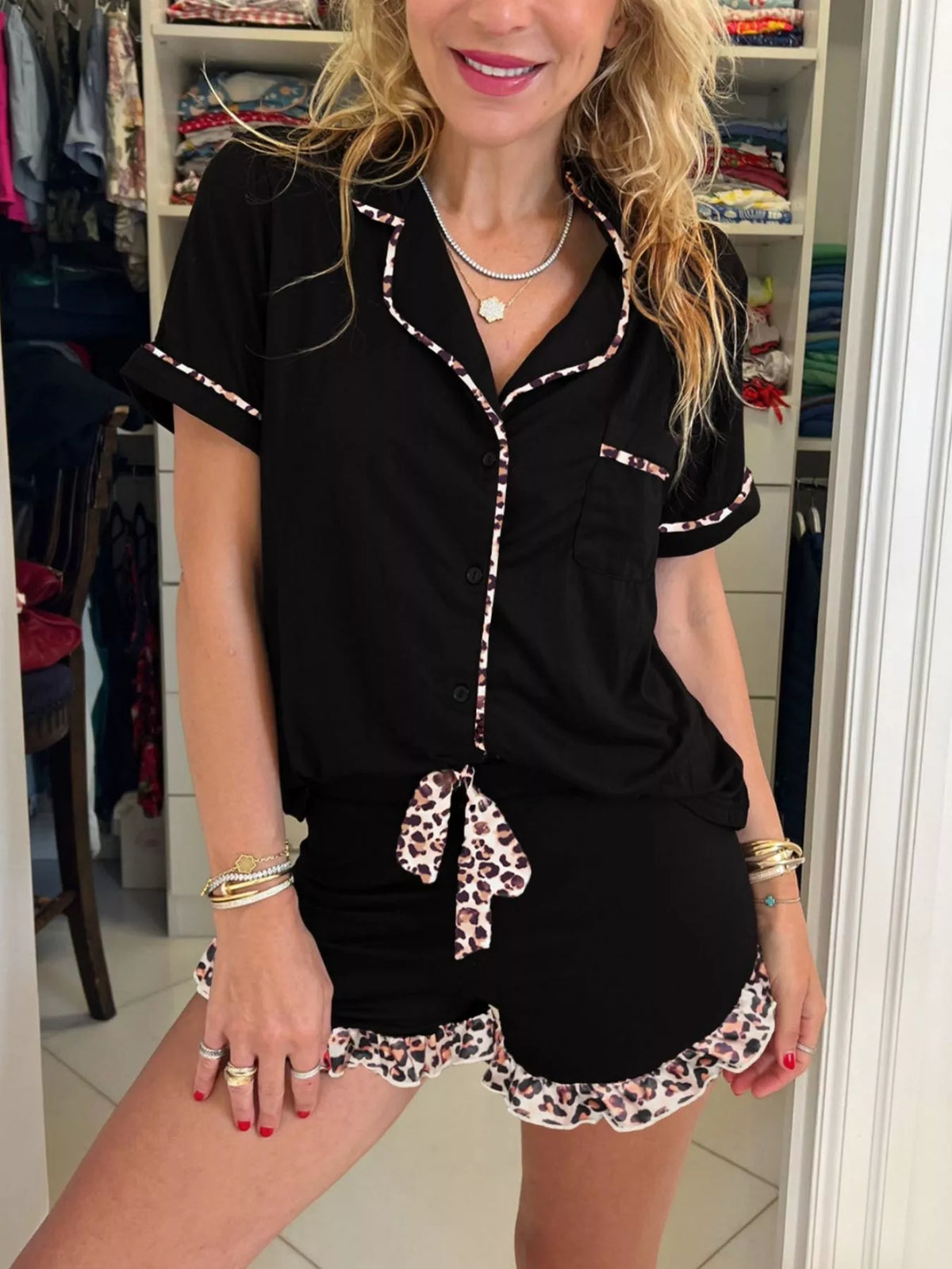 k Leopard Patchwork Trim Lapel Shirt Drawstring Shorts 2pcs product image 1