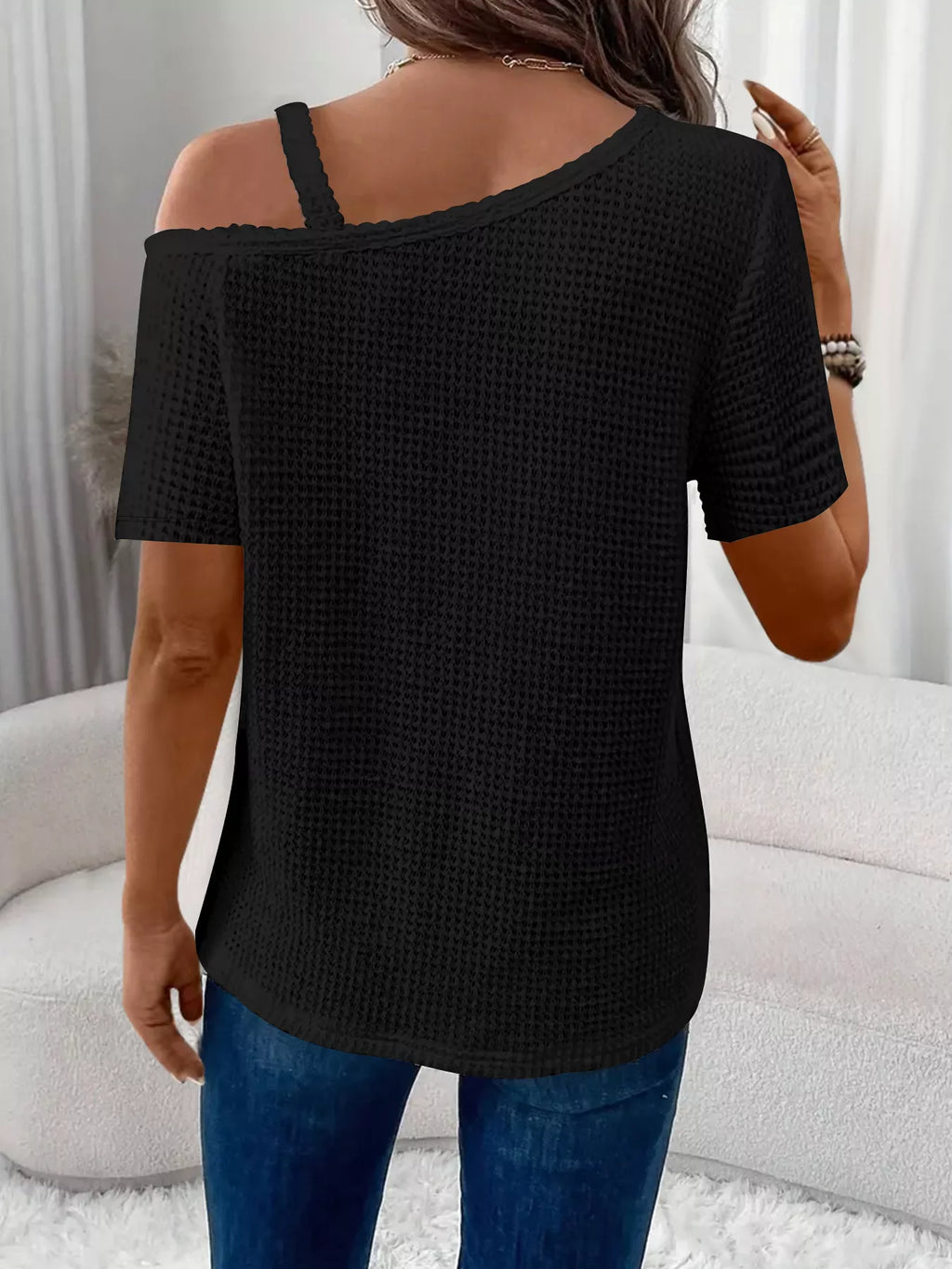 One-Shoulder Chain Detail Waffle Knit T-Shirt product image 10