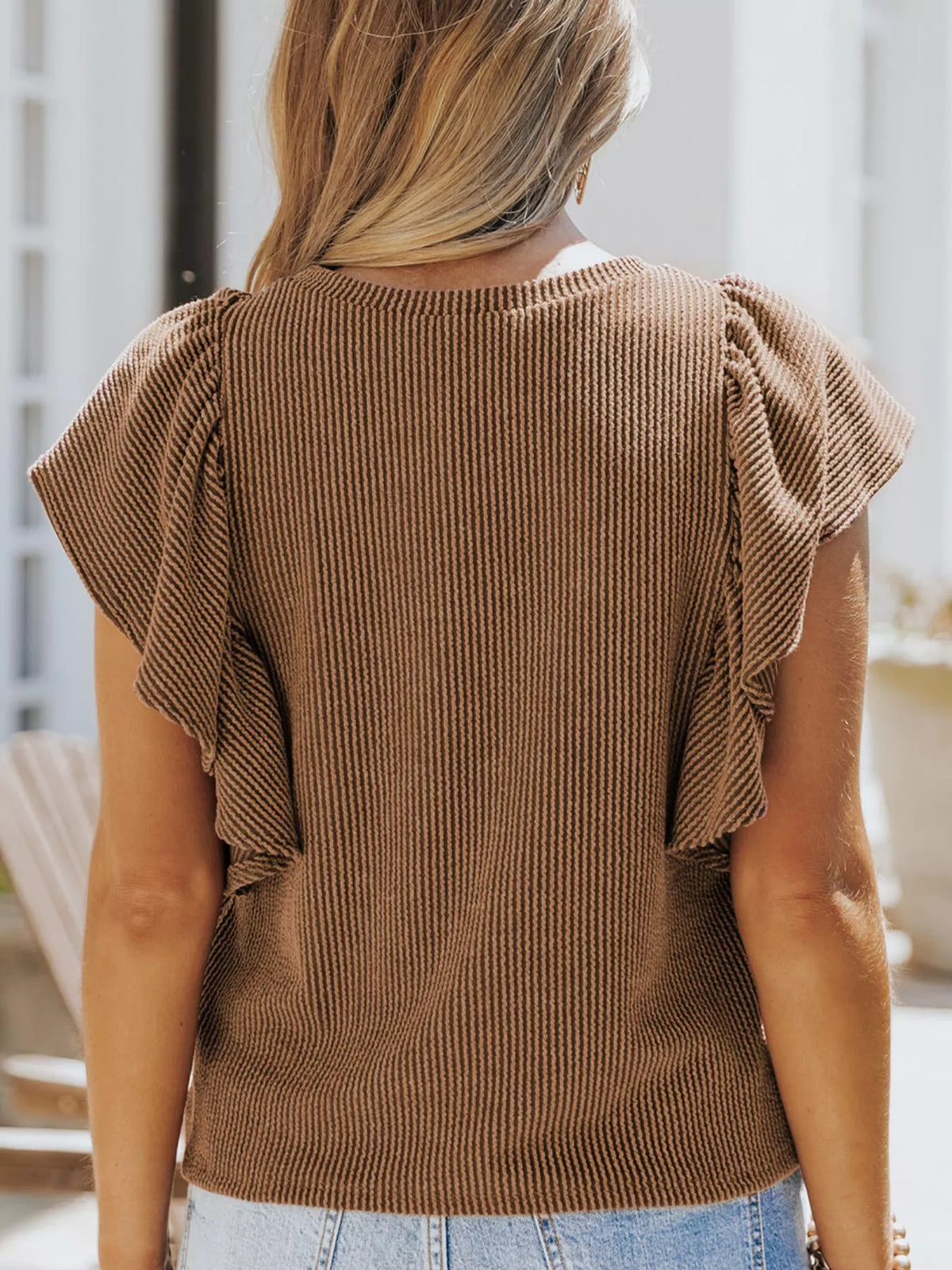 Full Size Ruffled Sleeve Ribbed Knit T-Shirt product image 6