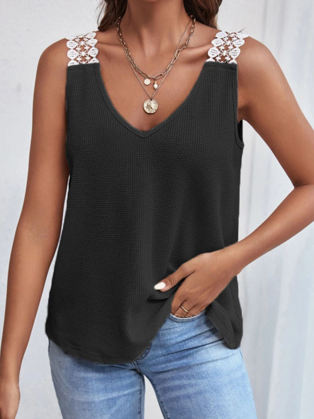 Full Size Lace Trim V-Neck Waffle Knit Tank