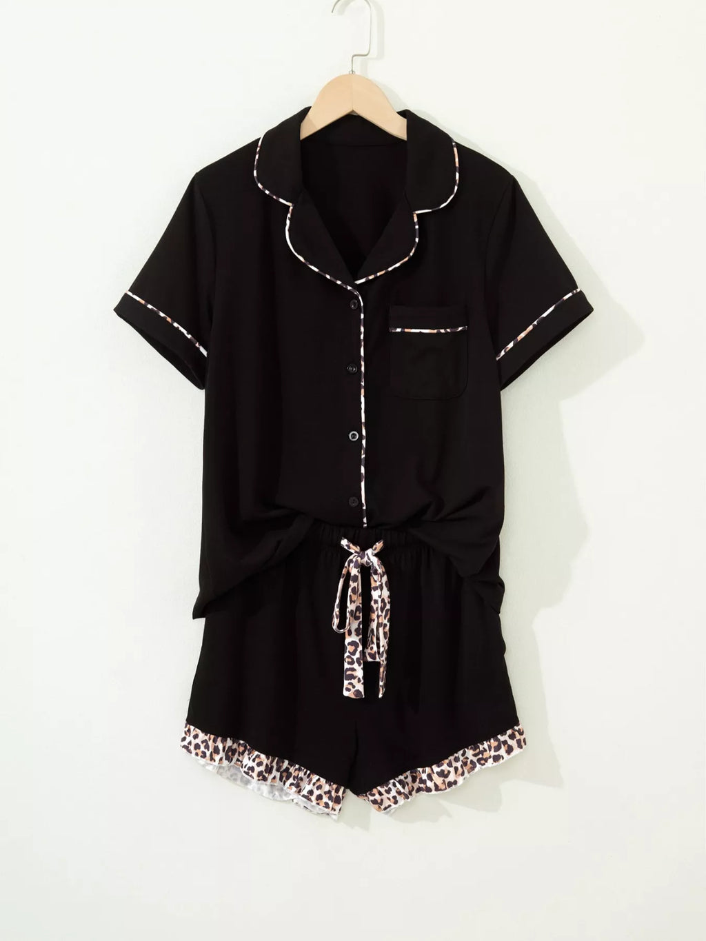 k Leopard Patchwork Trim Lapel Shirt Drawstring Shorts 2pcs product image 2