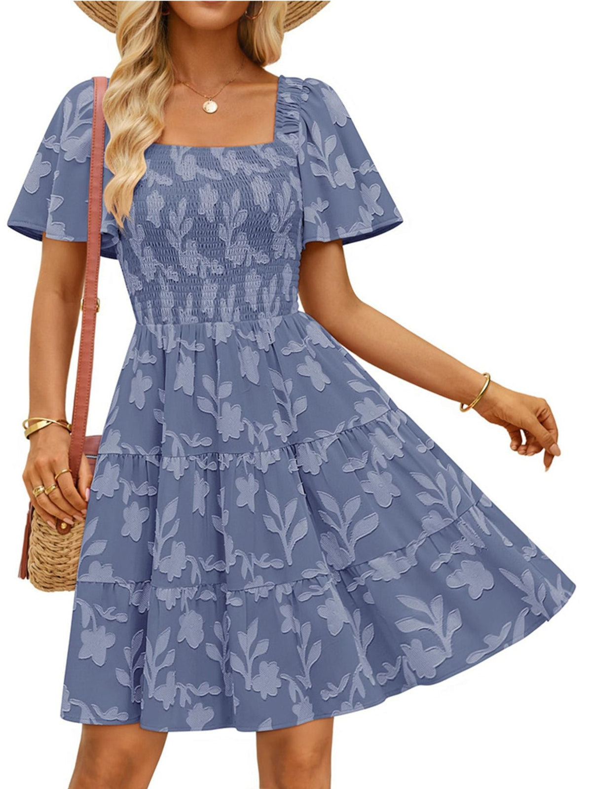 Tiered Square Neck Short Sleeve Dress