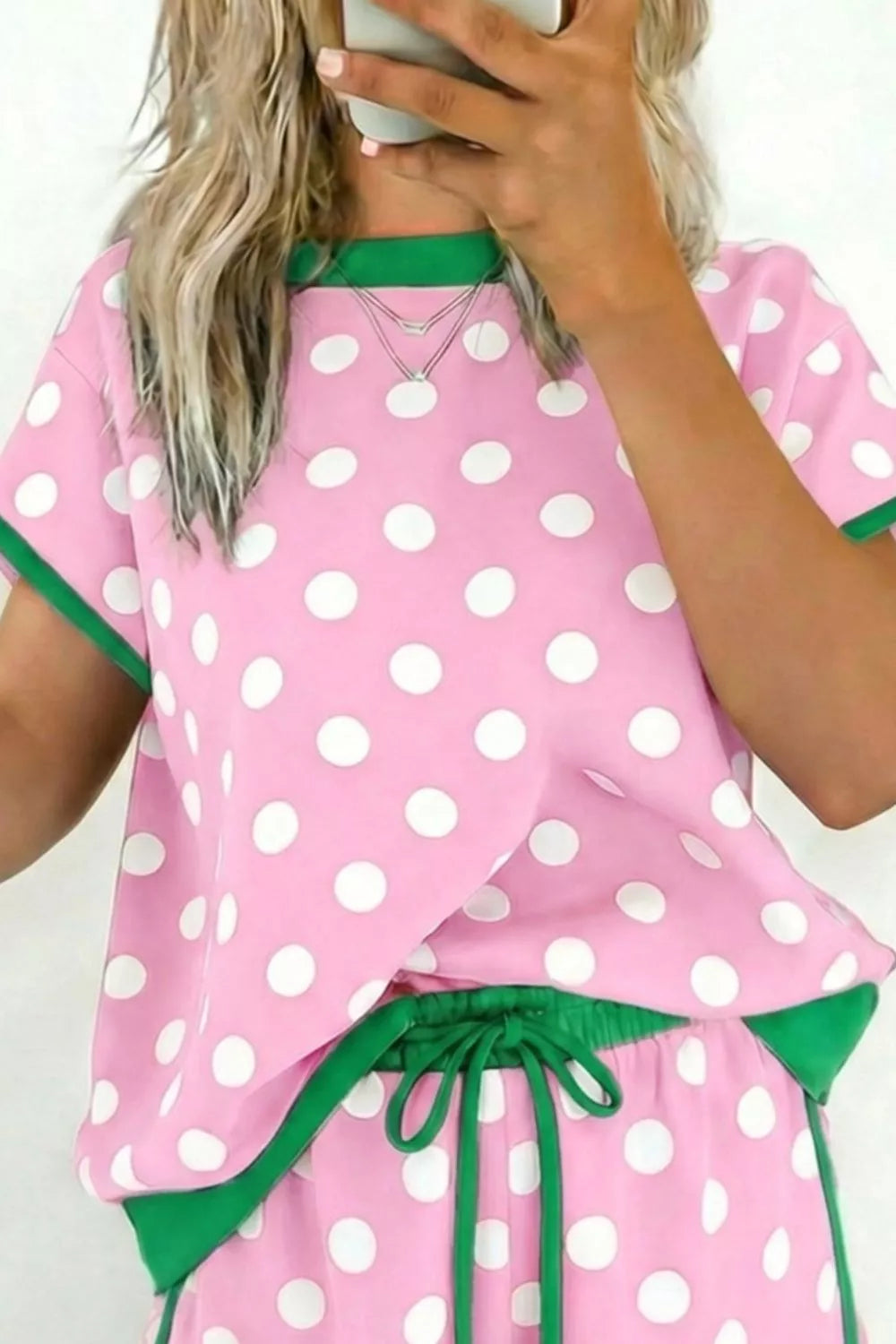 Polka Dot Contrast Trim Top and Drawstring Shorts Set product image 12