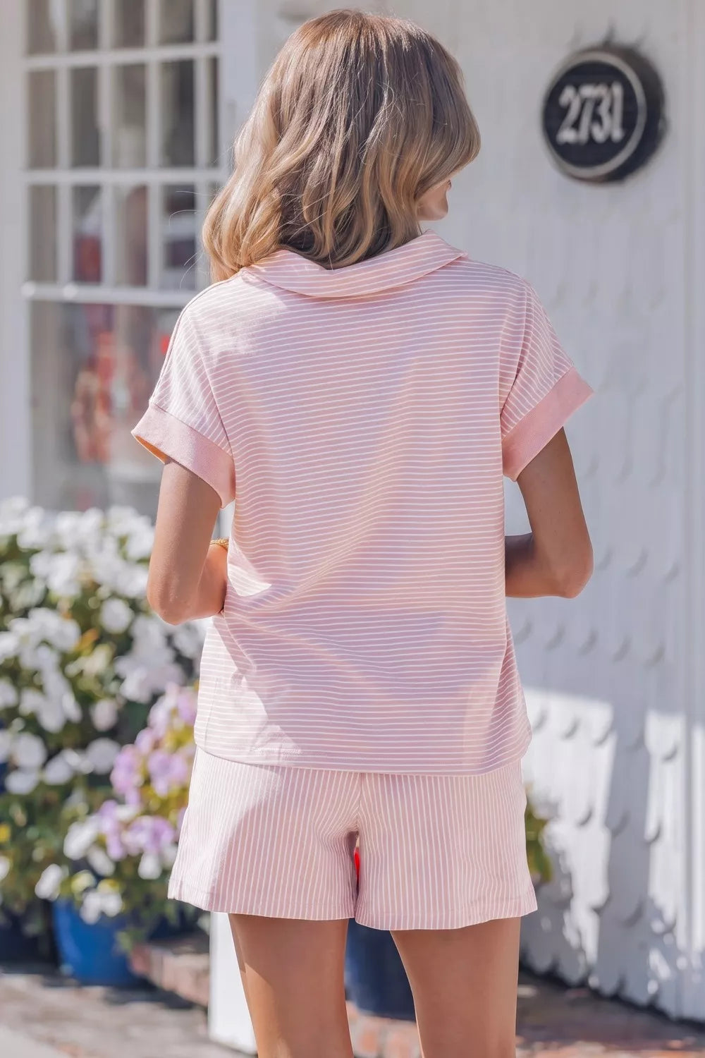 Stripe Dolman Sleeve Polo Shirt and Drawstring Shorts Set product image 2