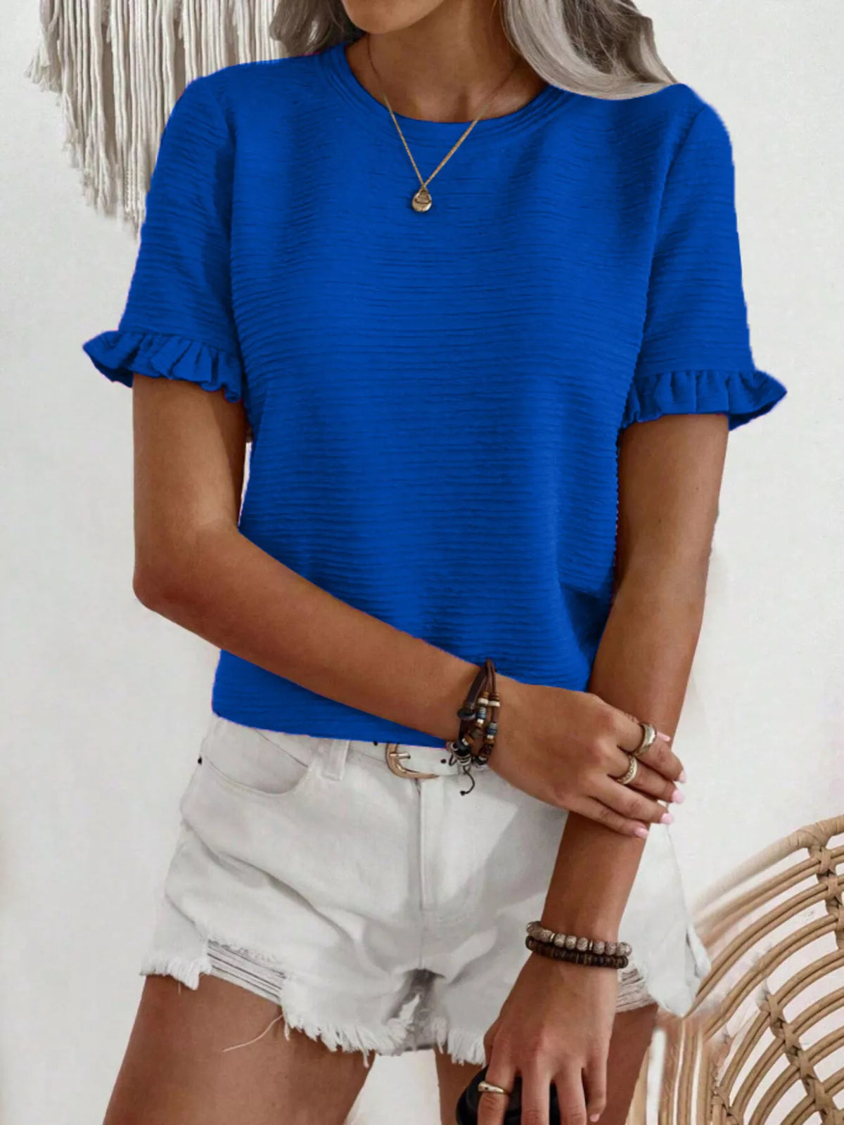 Textured Ruffle Sleeve Round Neck T-Shirt product image 12
