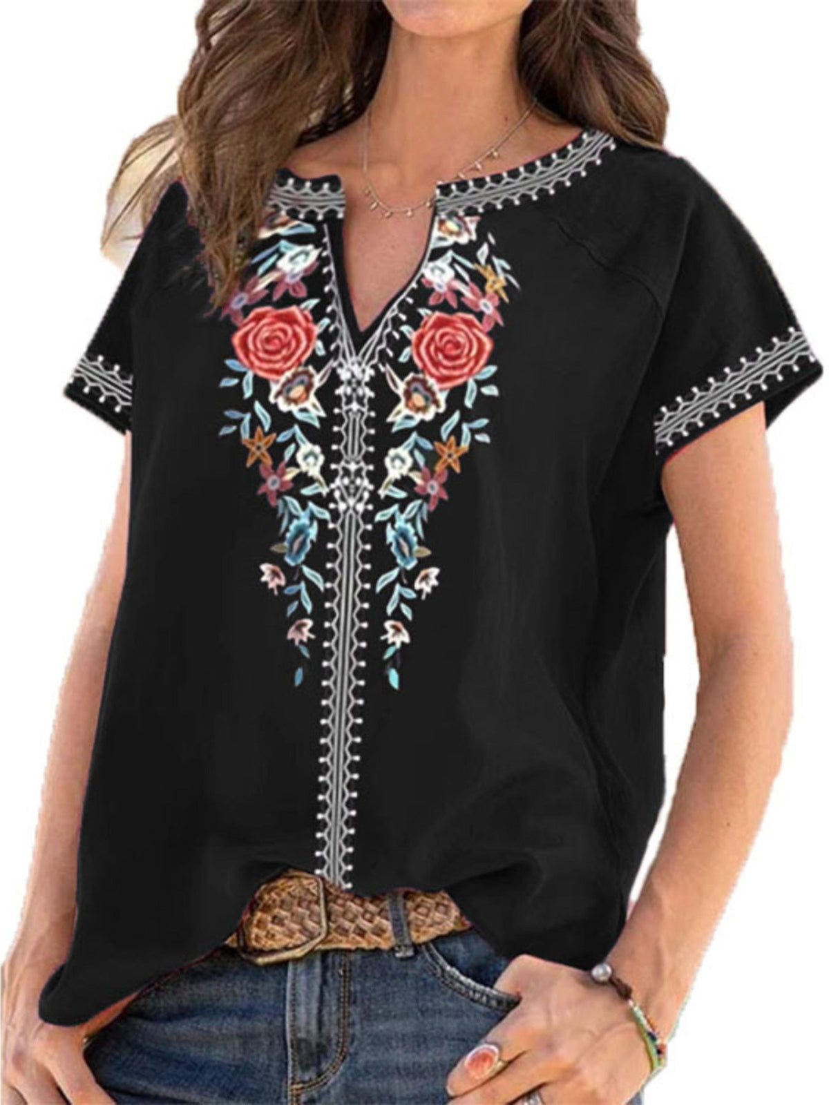 Full Size Floral Notched Short Sleeve Blouse