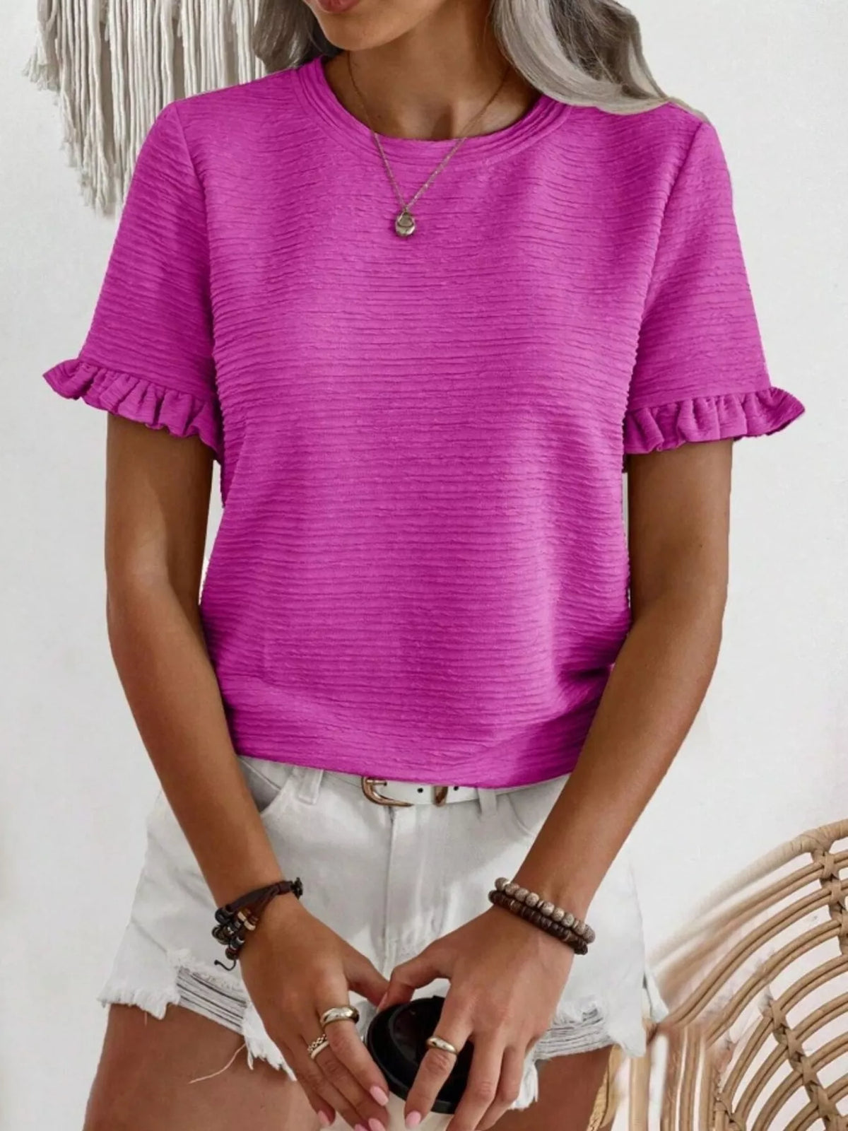 Textured Ruffle Sleeve Round Neck T-Shirt product image 1