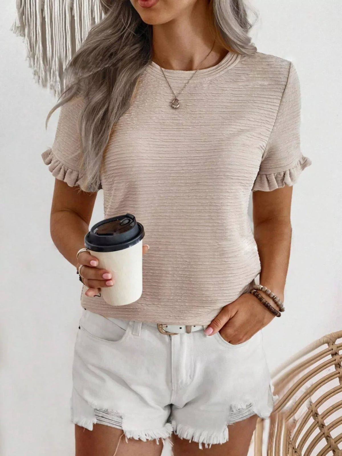 Textured Ruffle Sleeve Round Neck T-Shirt product image 17