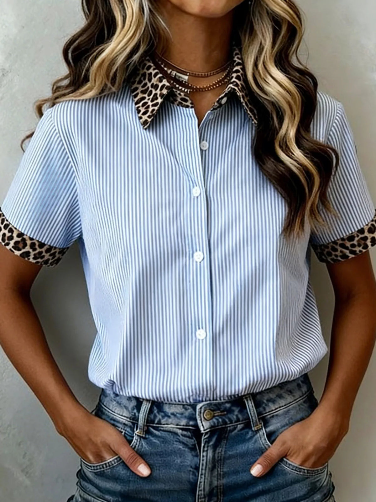 Stripe Leopard Contrast Collar Short Sleeve Shirt product image 2