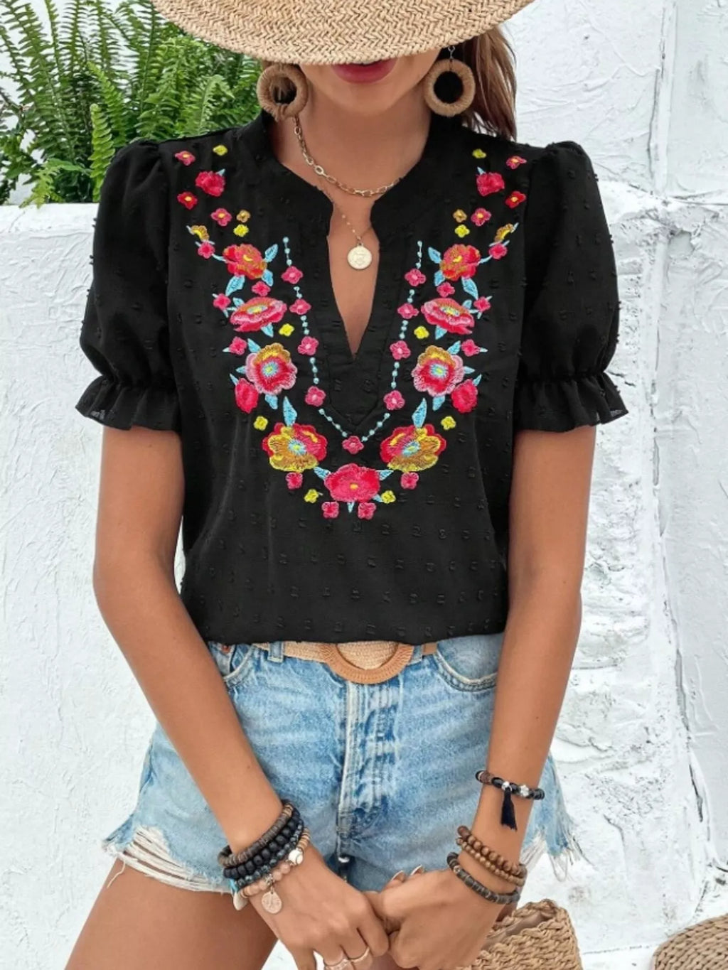 Floral Embroidered Puff Sleeve Blouse