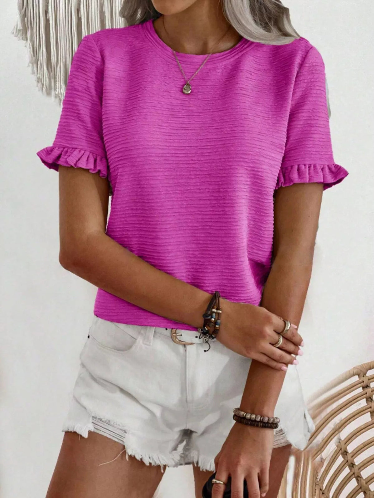 Textured Ruffle Sleeve Round Neck T-Shirt product image 2