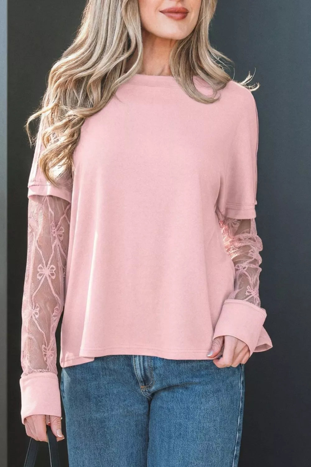Solid Color Bow Textured Patchwork Long Sleeve Tee product image 1