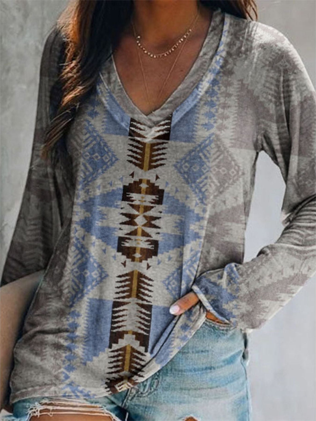 Full Size Geometric V-Neck Long Sleeve T-Shirt product image 10