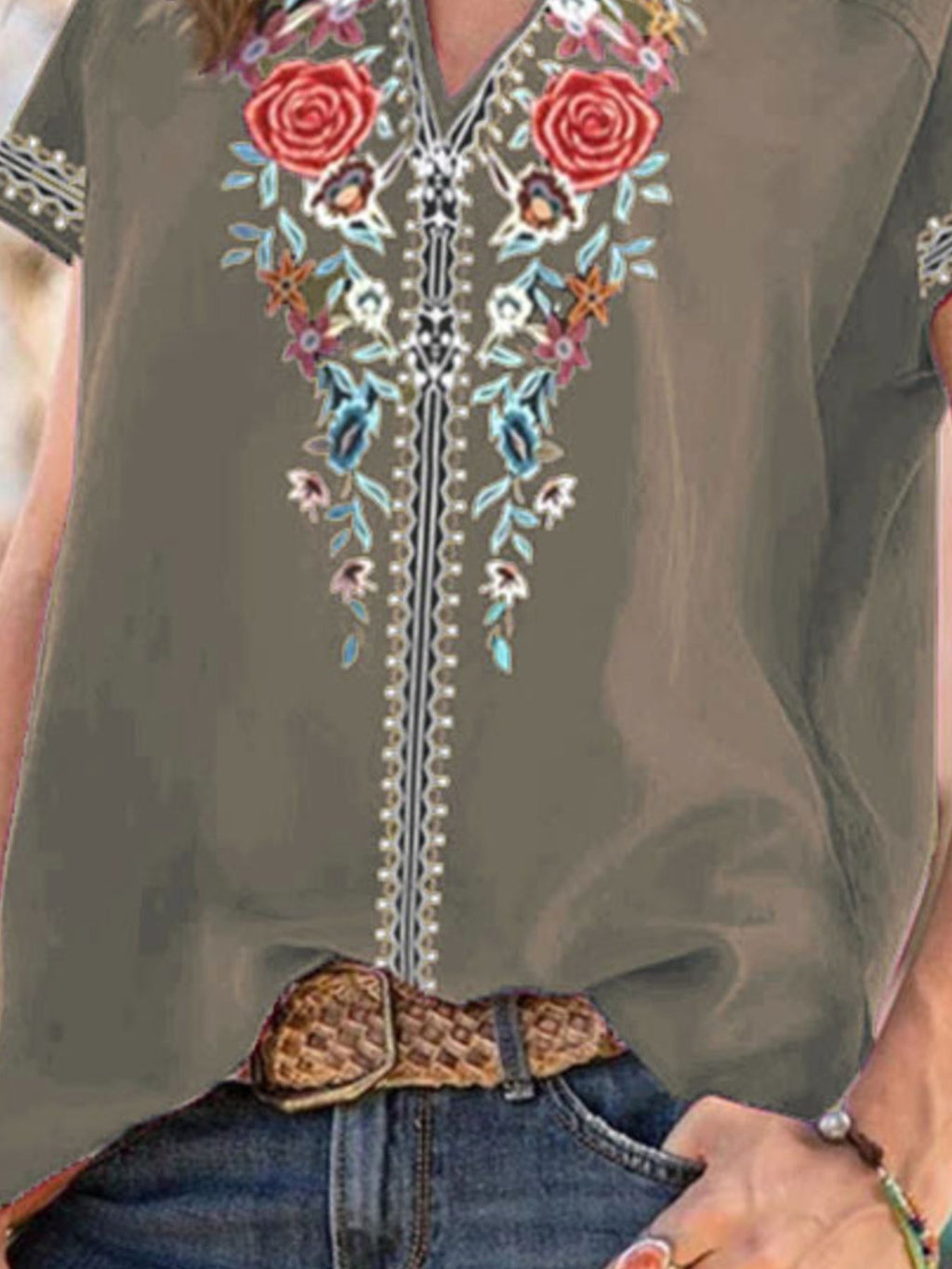 Full Size Floral Notched Short Sleeve Blouse