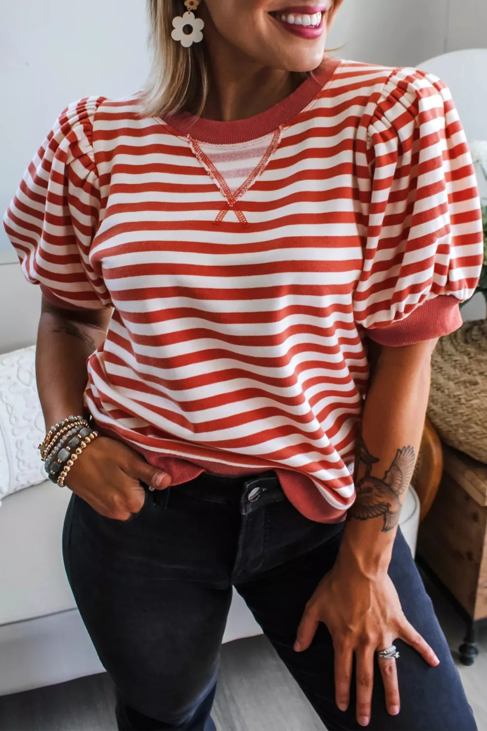 Striped Puff Sleeve Casual T-Shirt product image 5