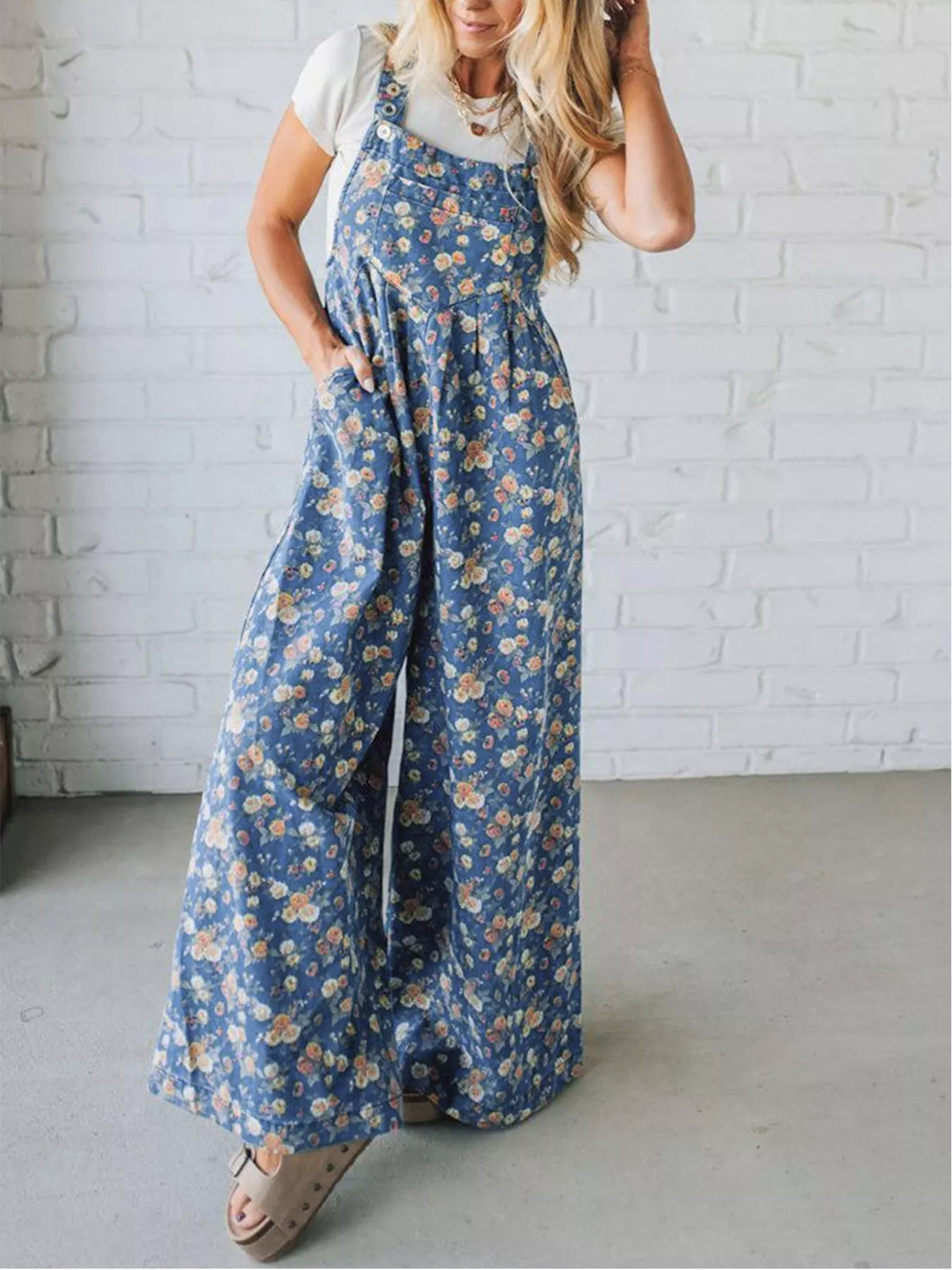 Floral Print Wide Leg Denim Overalls