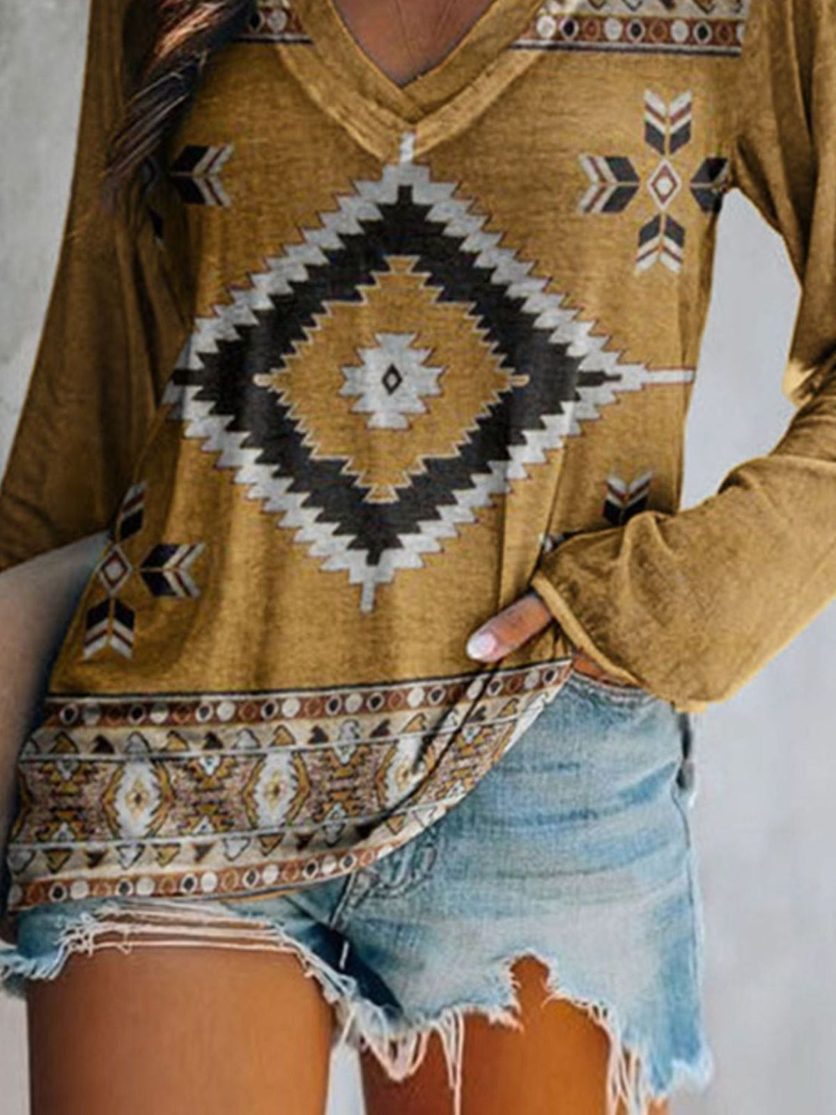Full Size Geometric V-Neck Long Sleeve T-Shirt product image 18