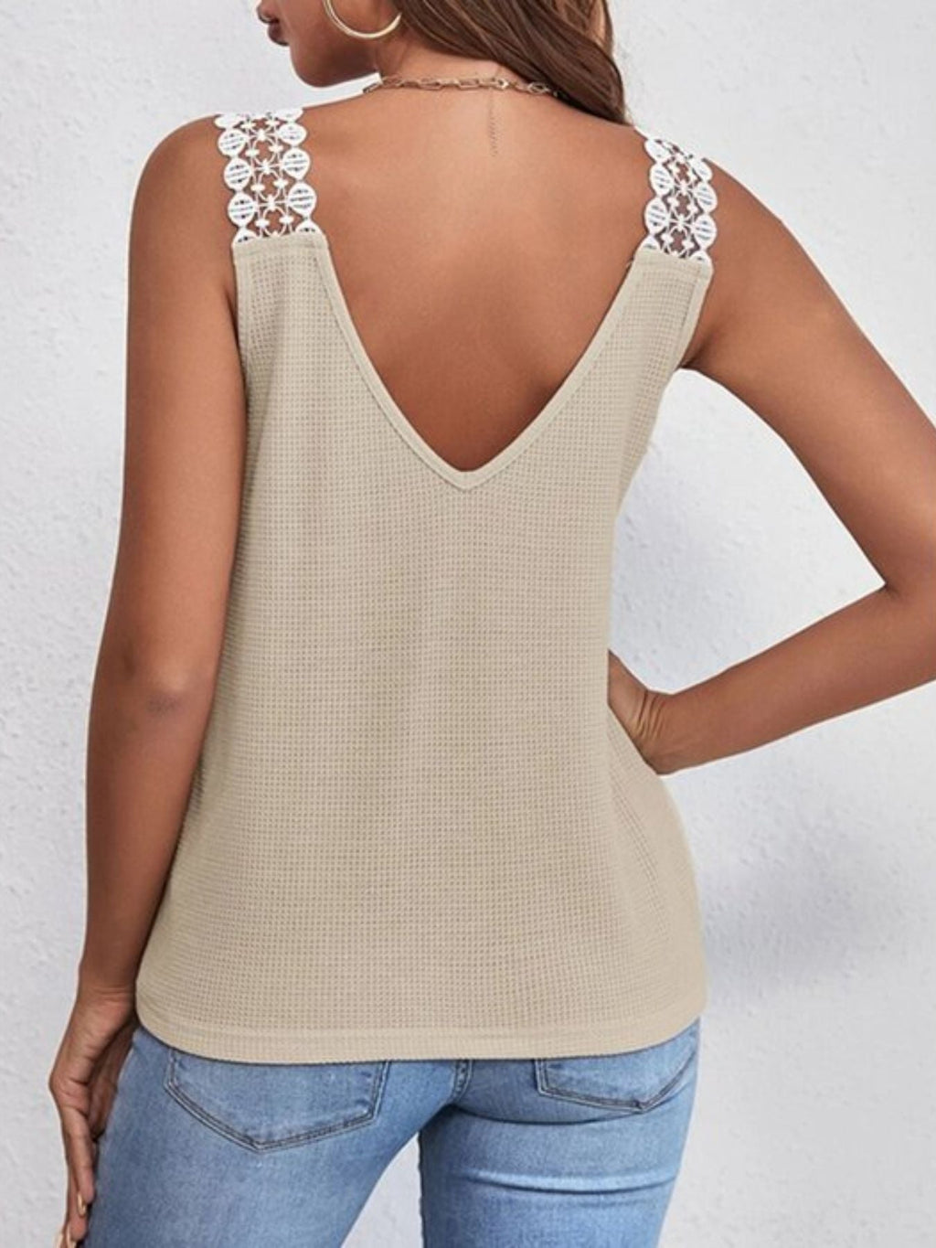 Full Size Lace Trim V-Neck Waffle Knit Tank