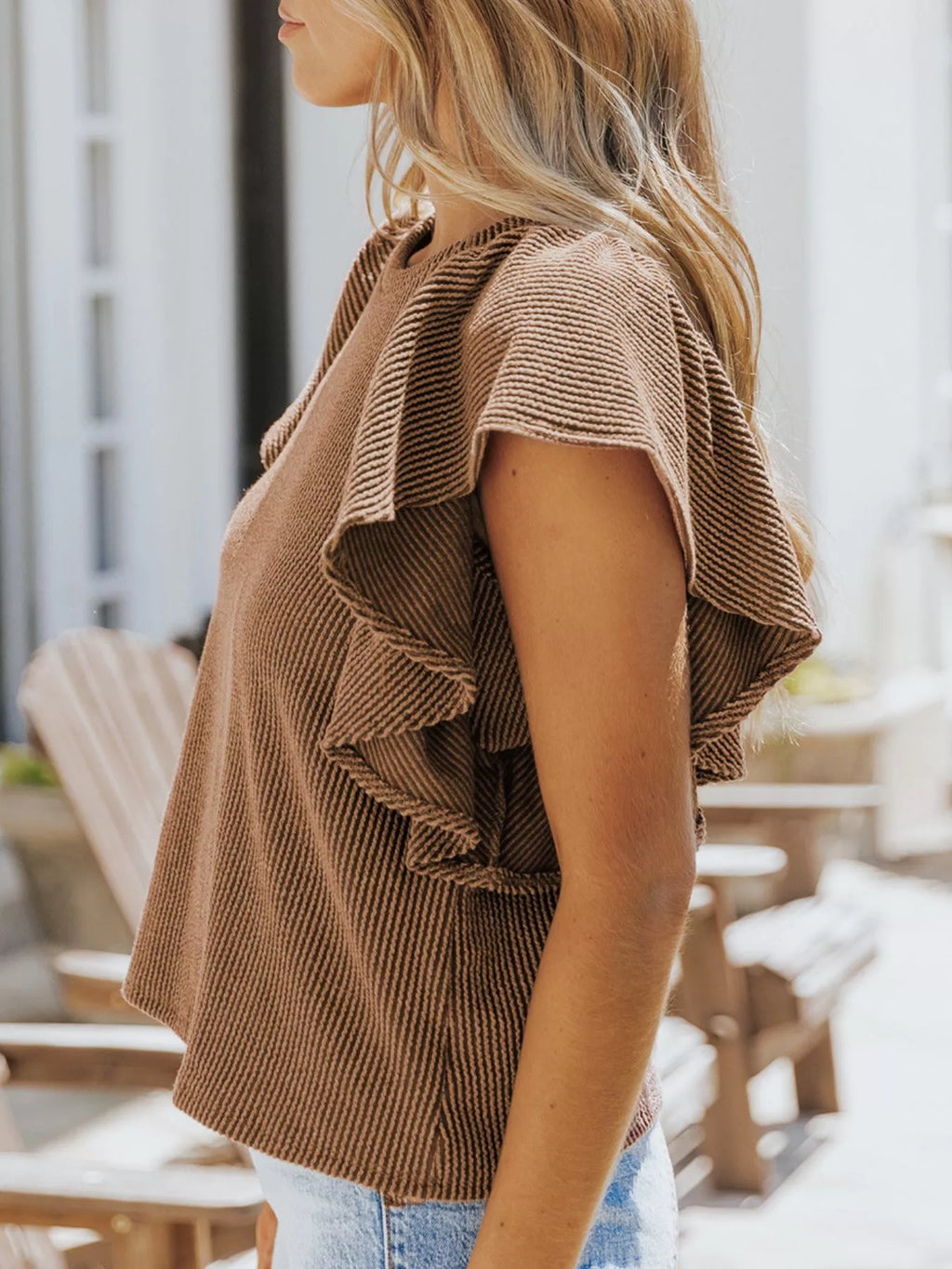 Full Size Ruffled Sleeve Ribbed Knit T-Shirt product image 5