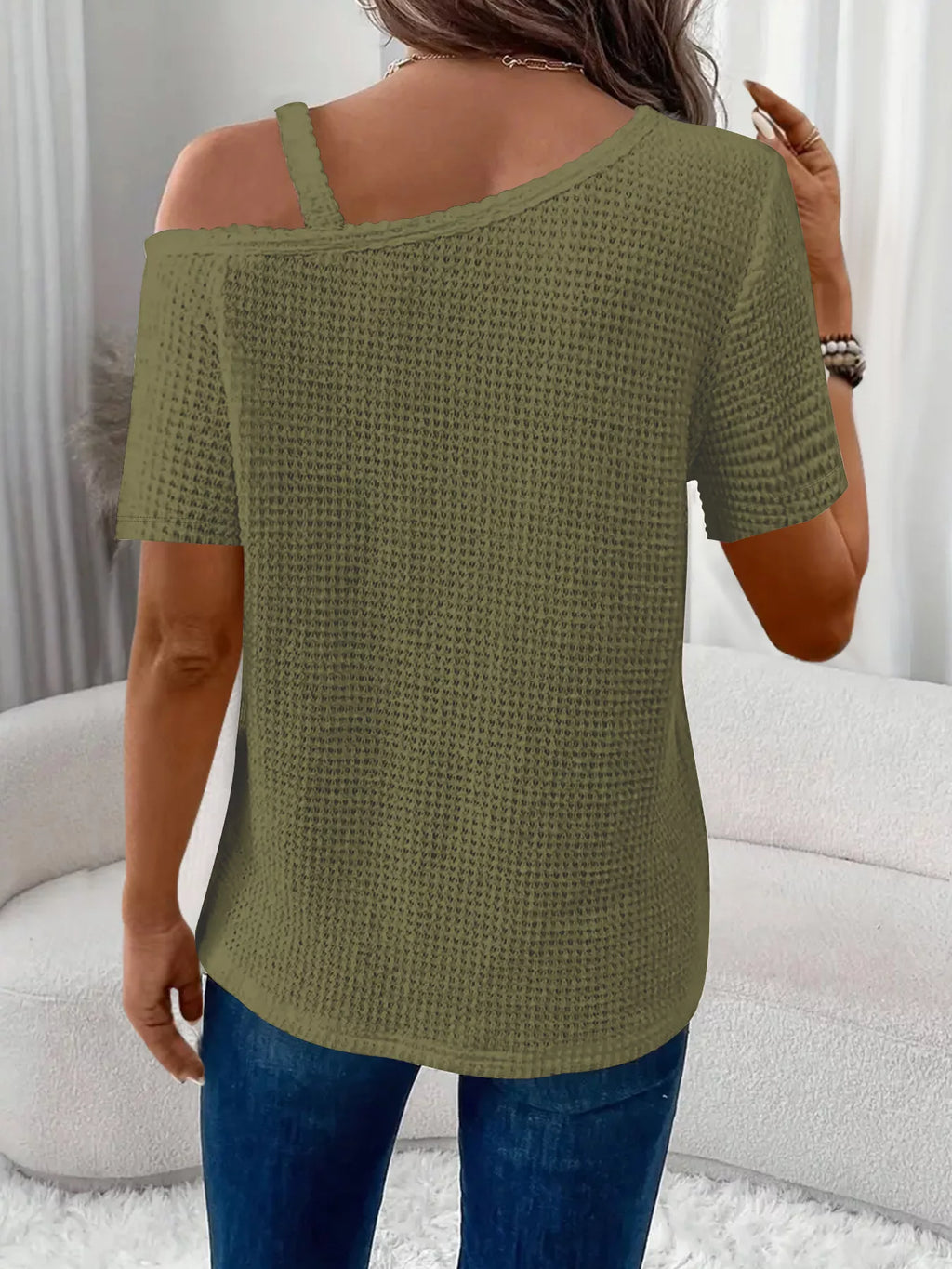 One-Shoulder Chain Detail Waffle Knit T-Shirt product image 12