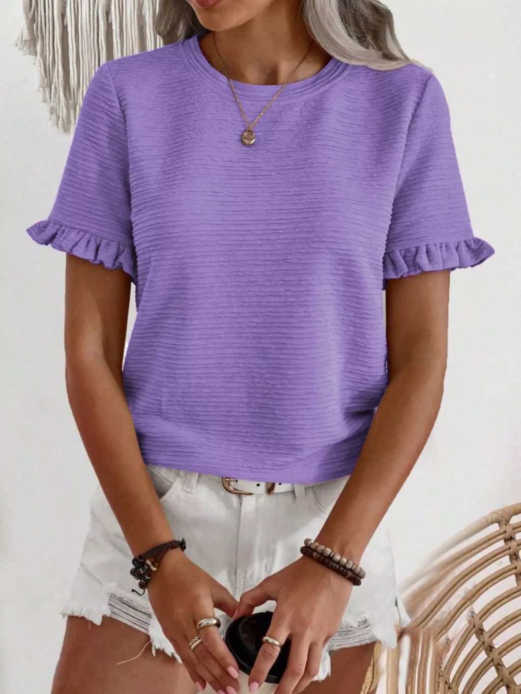 Textured Ruffle Sleeve Round Neck T-Shirt product image 7