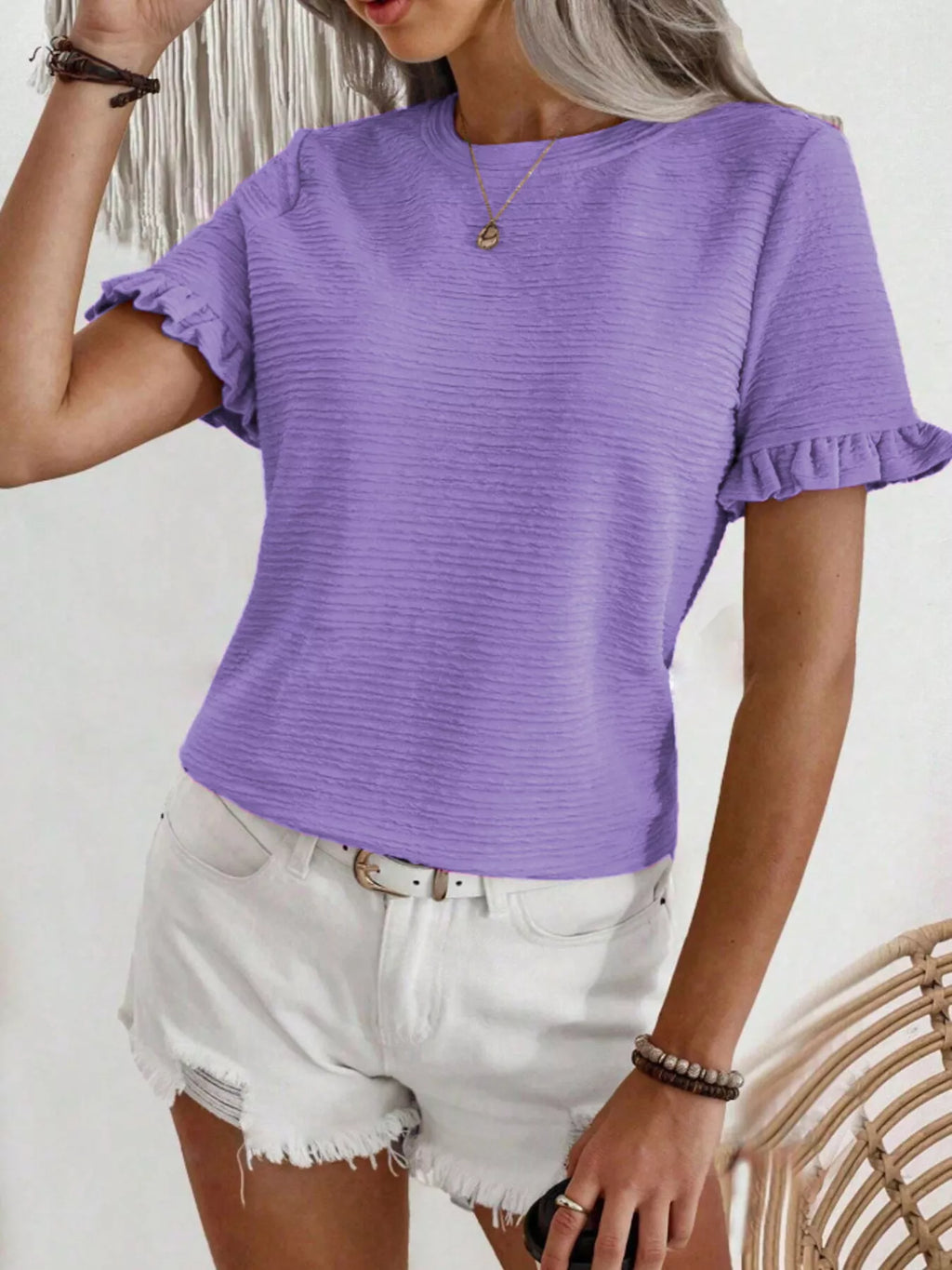 Textured Ruffle Sleeve Round Neck T-Shirt product image 6