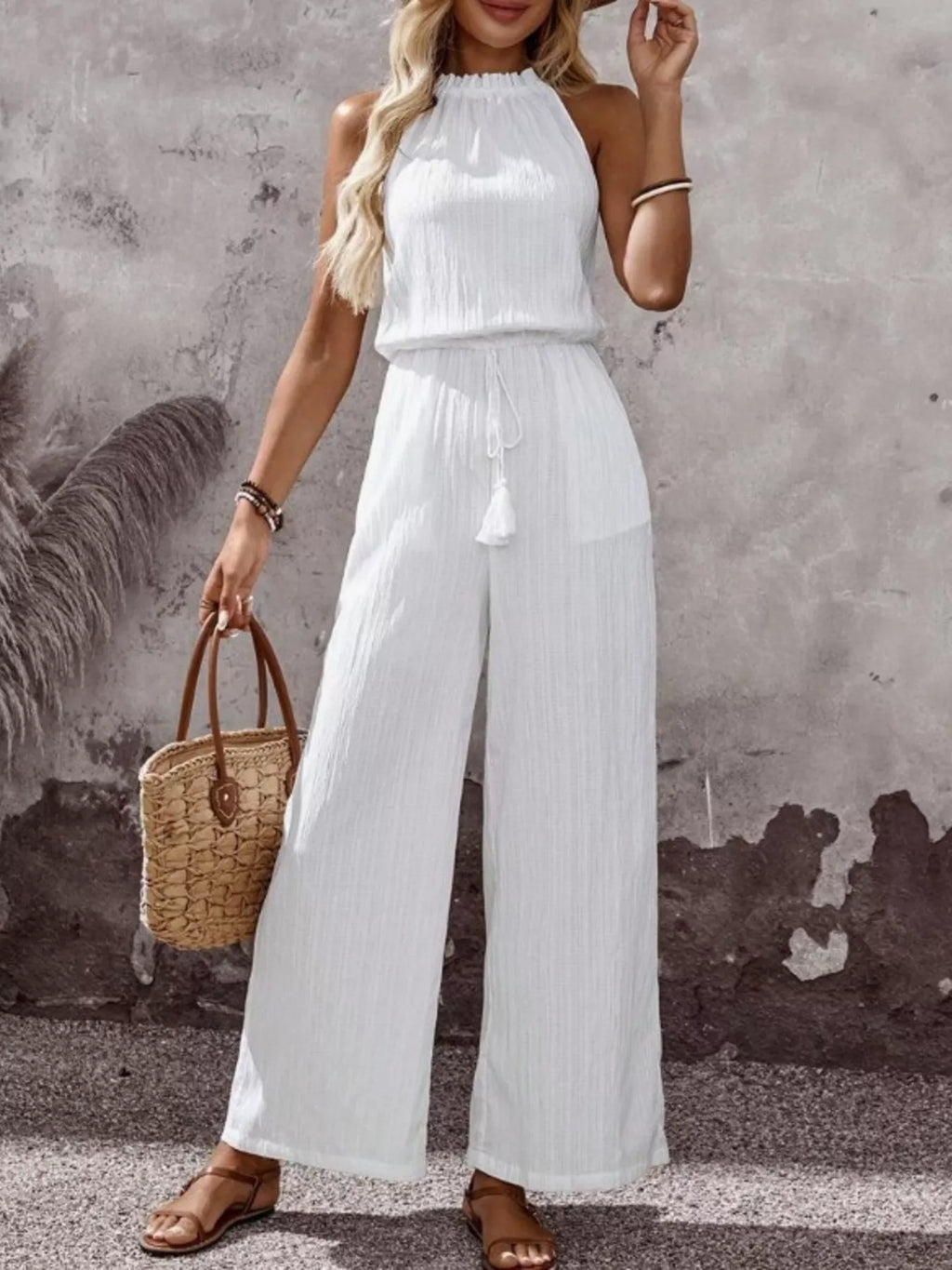 Full Size Tassel Sleeveless Wide Leg Jumpsuit