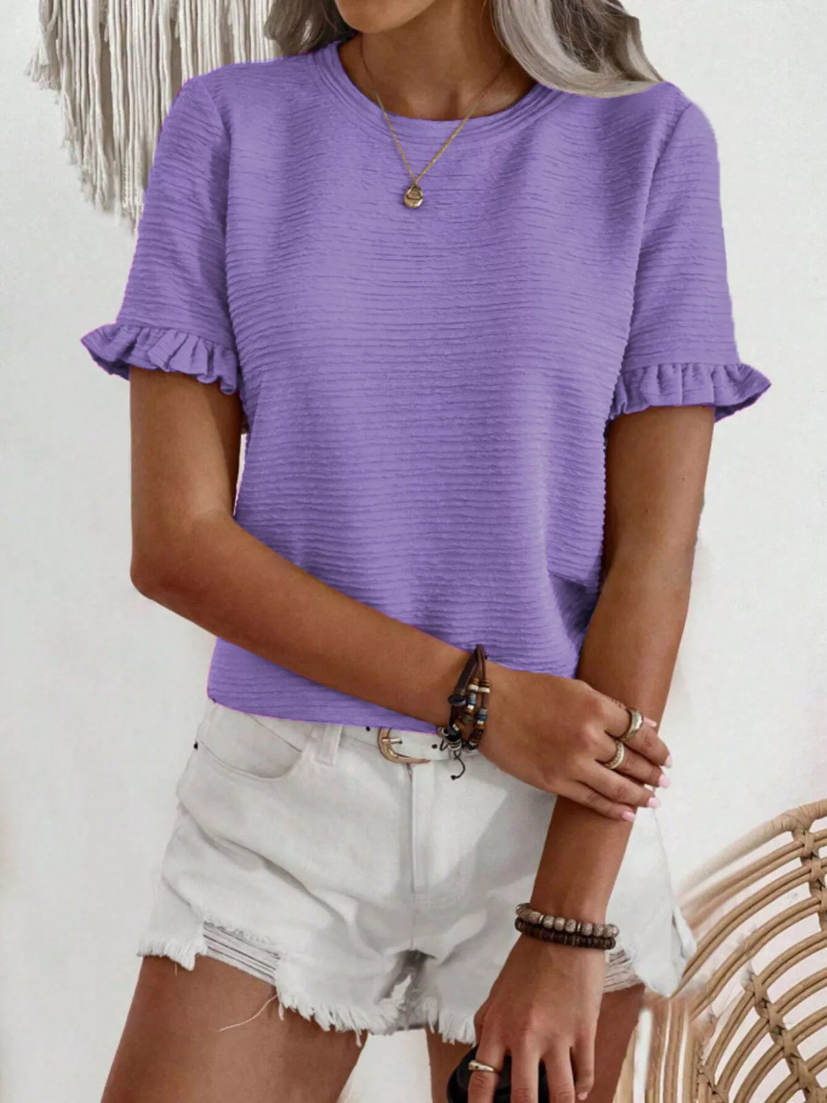 Textured Ruffle Sleeve Round Neck T-Shirt product image 9