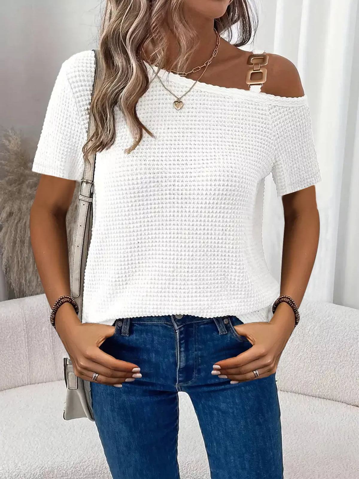 One-Shoulder Chain Detail Waffle Knit T-Shirt product image 5